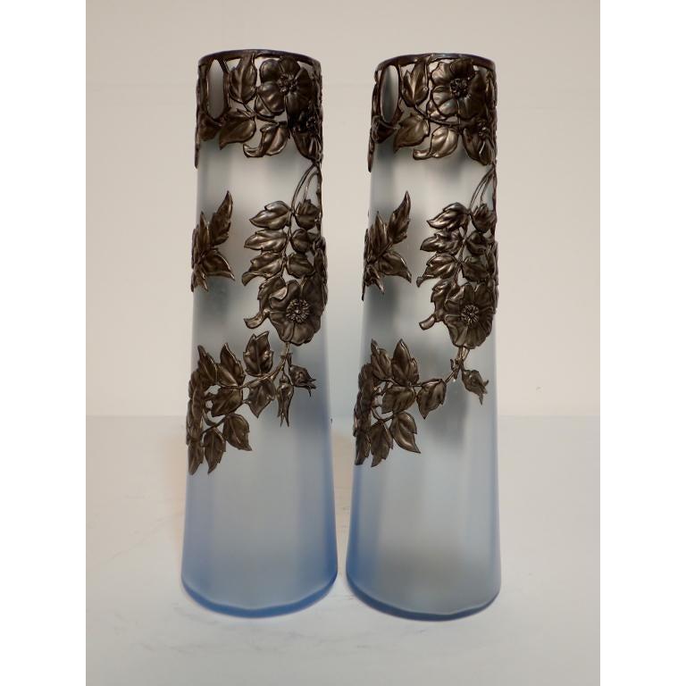 20th Century Pair of Pewter Mounted Opalescent Glass Vases