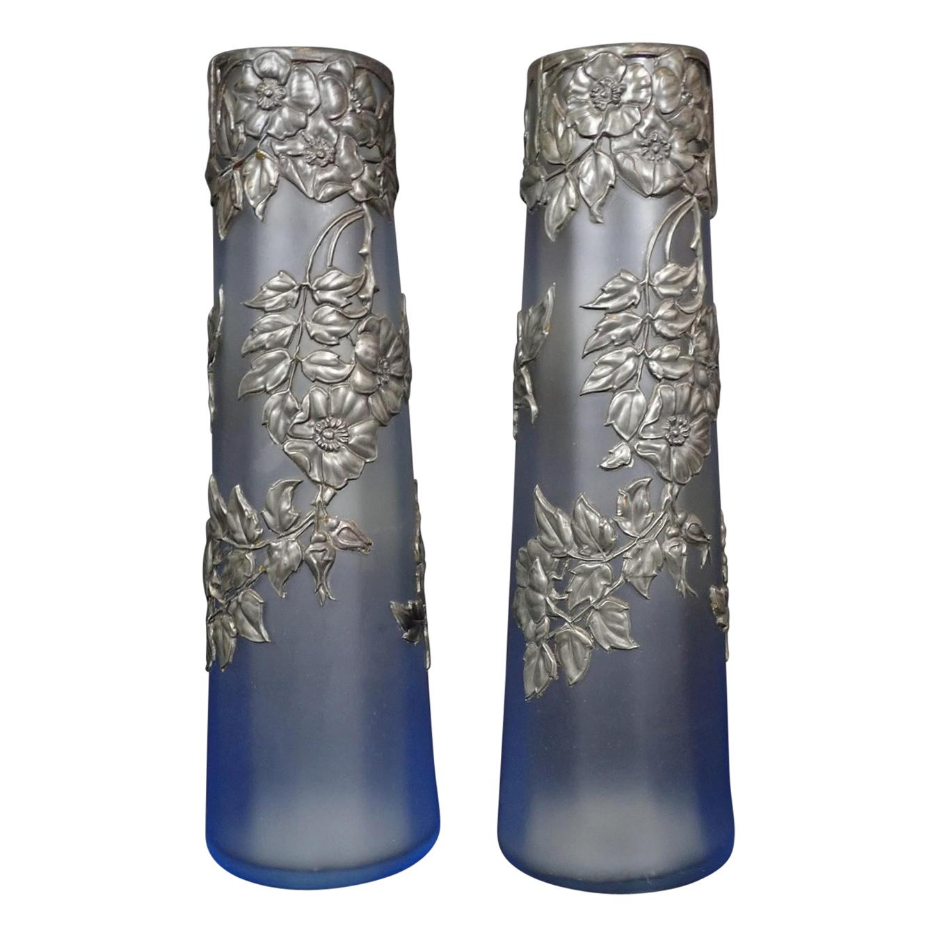 Pair of Pewter Mounted Opalescent Glass Vases