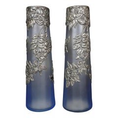 Retro Pair of Pewter Mounted Opalescent Glass Vases