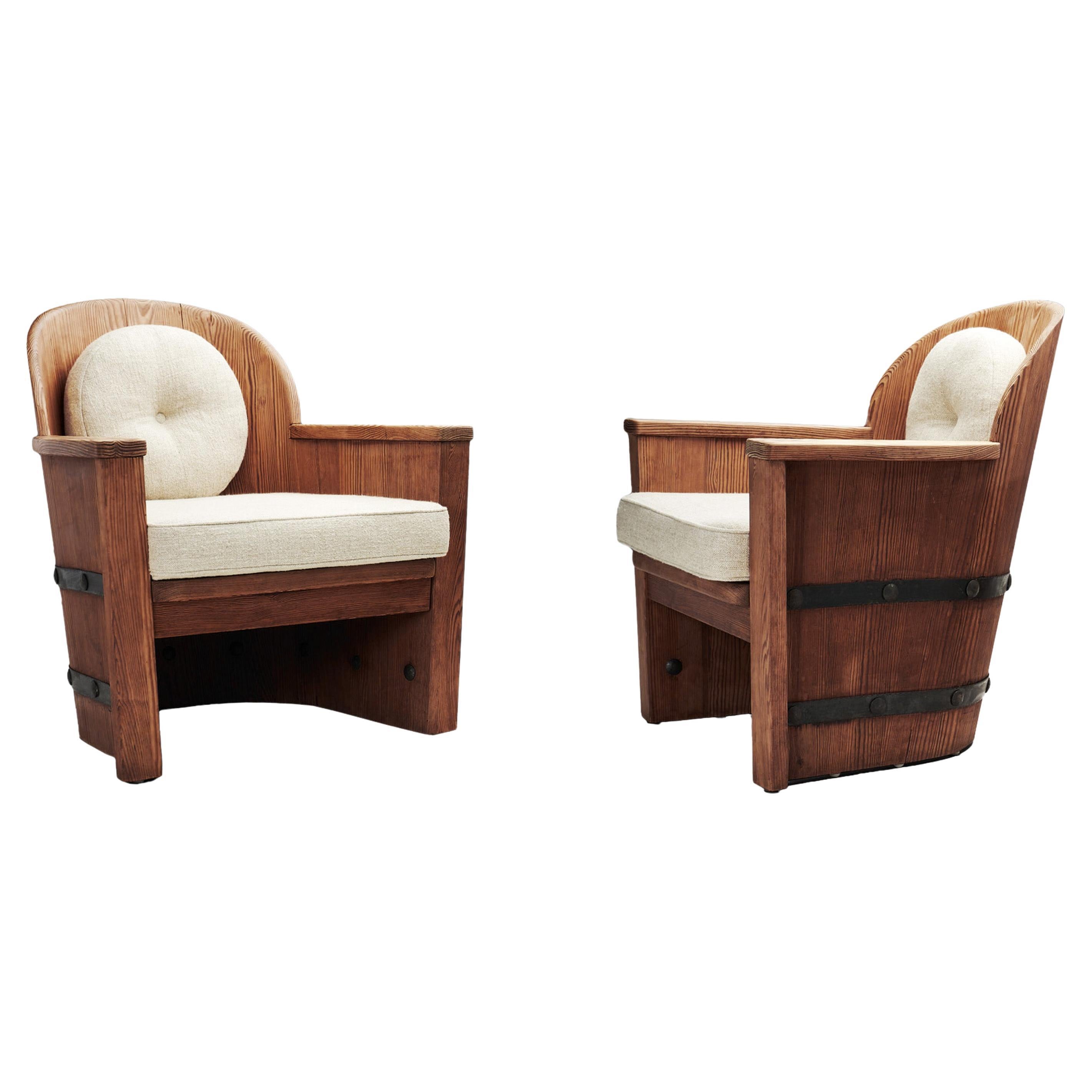A Pair of Pine and Iron Armchairs for Åby Möbelfabrik, Sweden 1940s