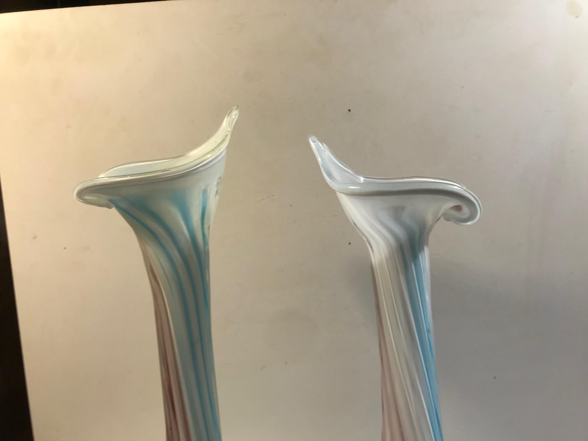 Art Deco Pair of Pink, Blue and White Italian Jack in the Pulpit Glass Vases For Sale