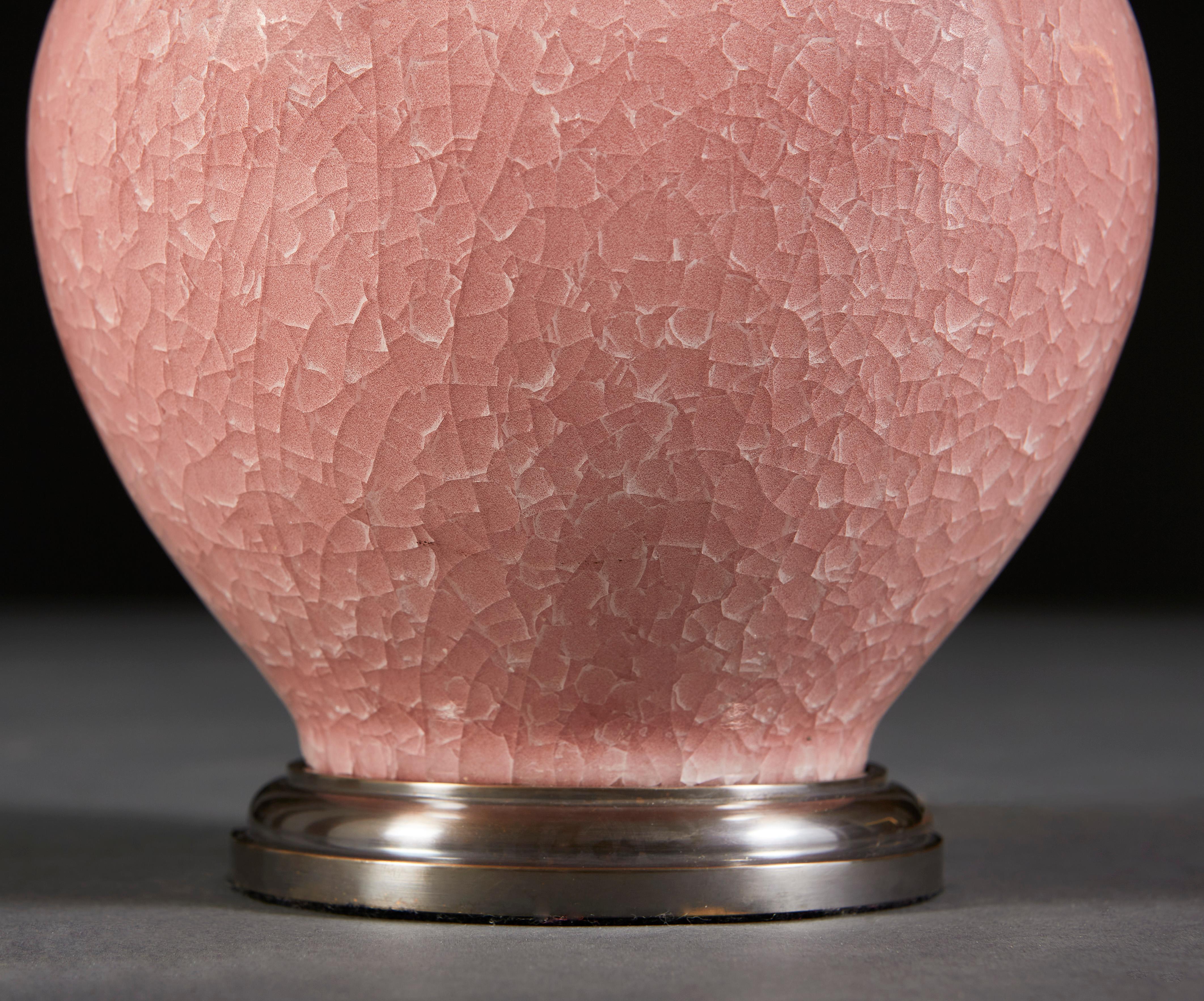 Glazed Pair of Pink Craquelure Glaze Vases as Table Lamps with Bronze Bases