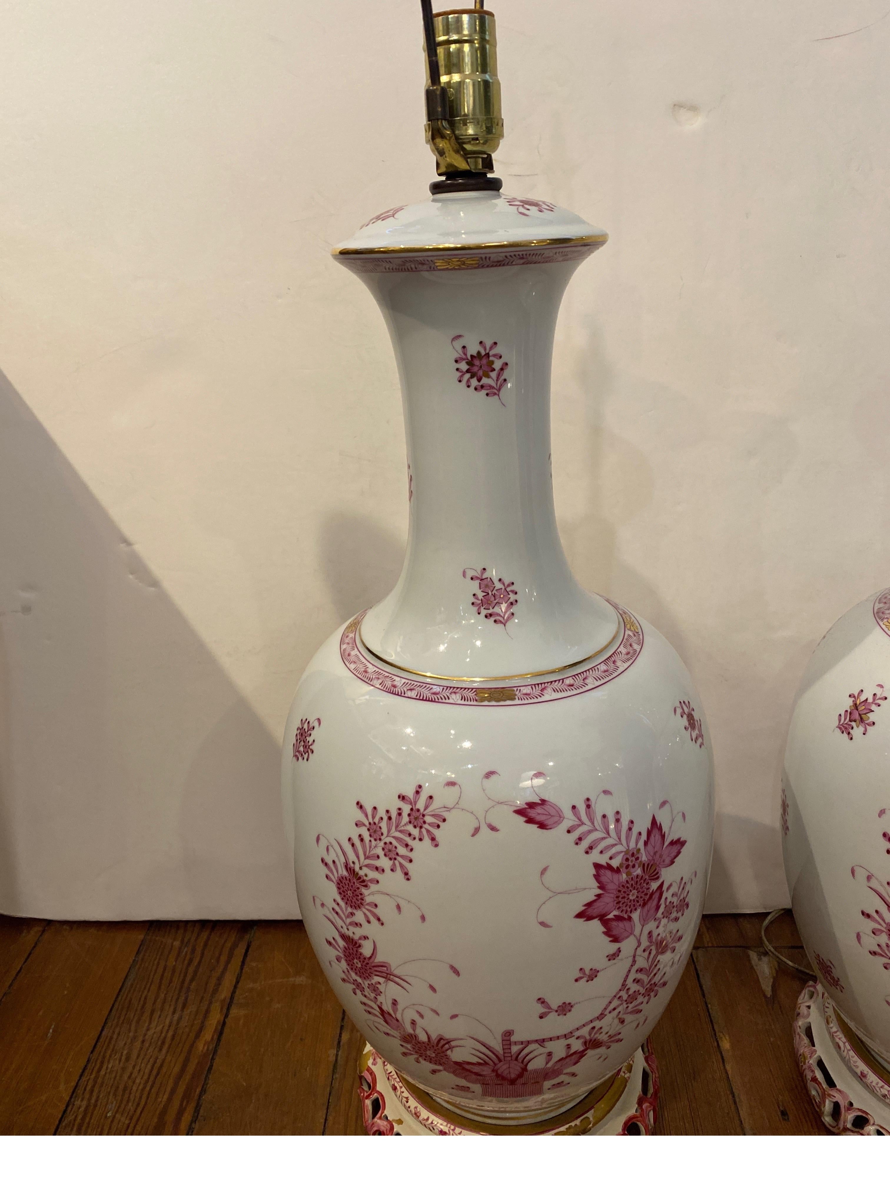 Hungarian Pair of Pink Floral White Porcelain Lamps by Herrand For Sale