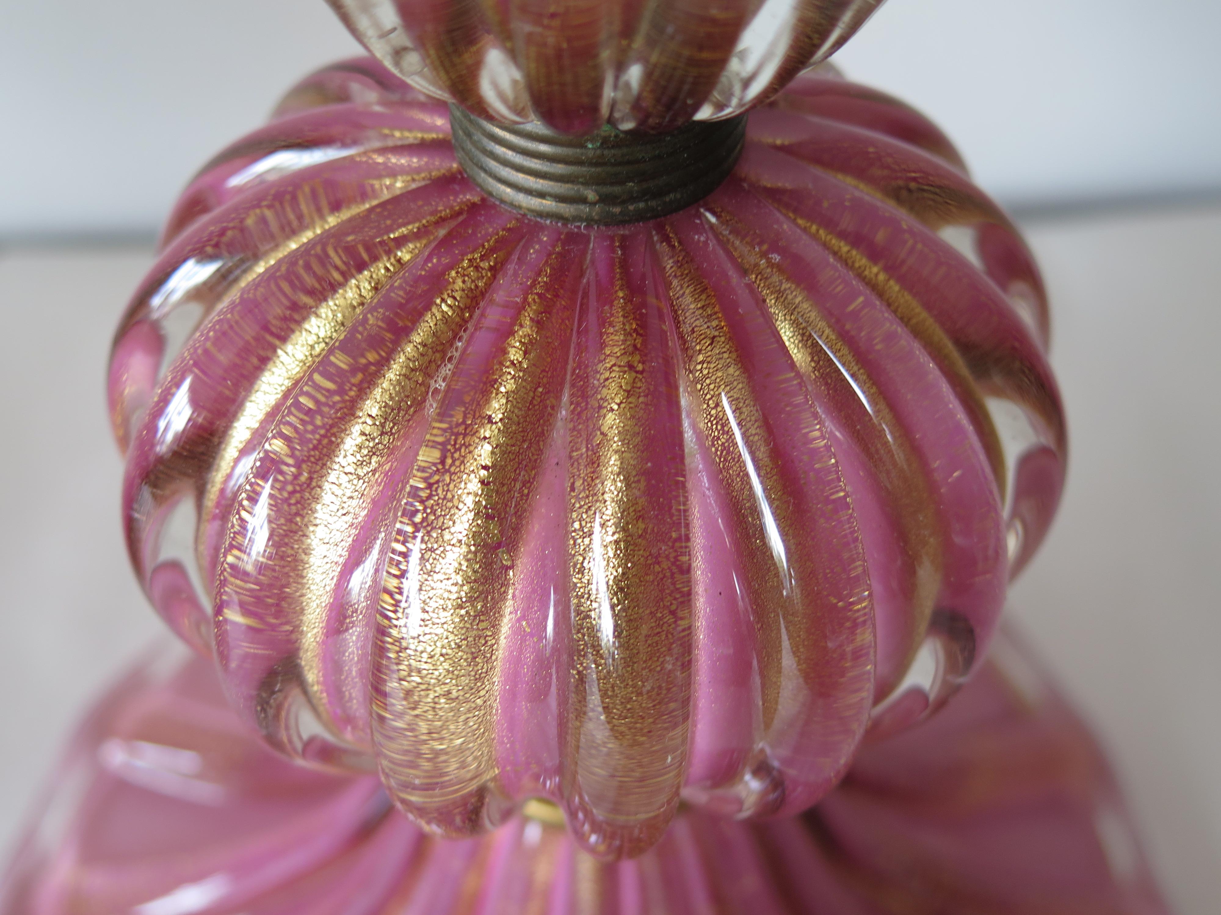 Pair of Pink Glass Murano Lamps with Gold Flecks For Sale 2