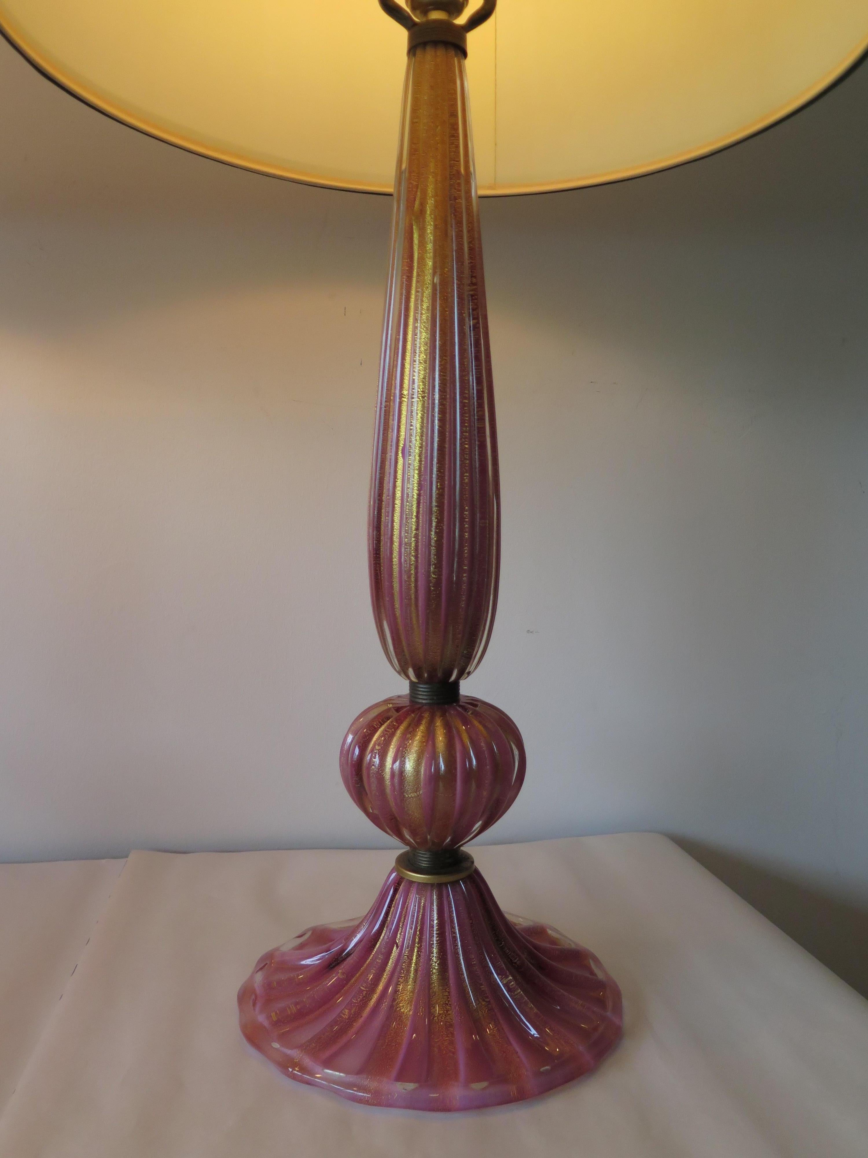 Pair of Pink Glass Murano Lamps with Gold Flecks For Sale 3