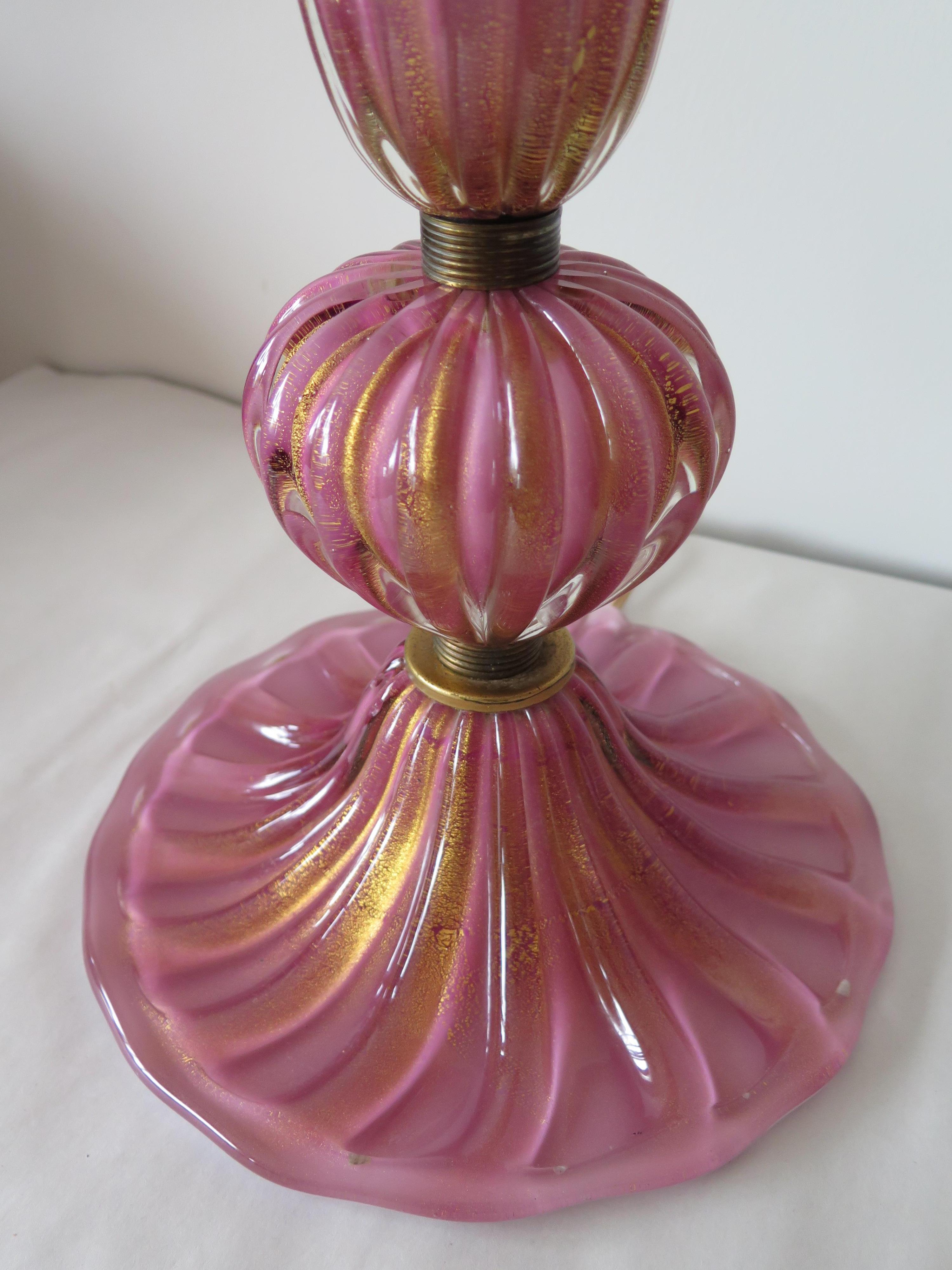 Italian Pair of Pink Glass Murano Lamps with Gold Flecks For Sale