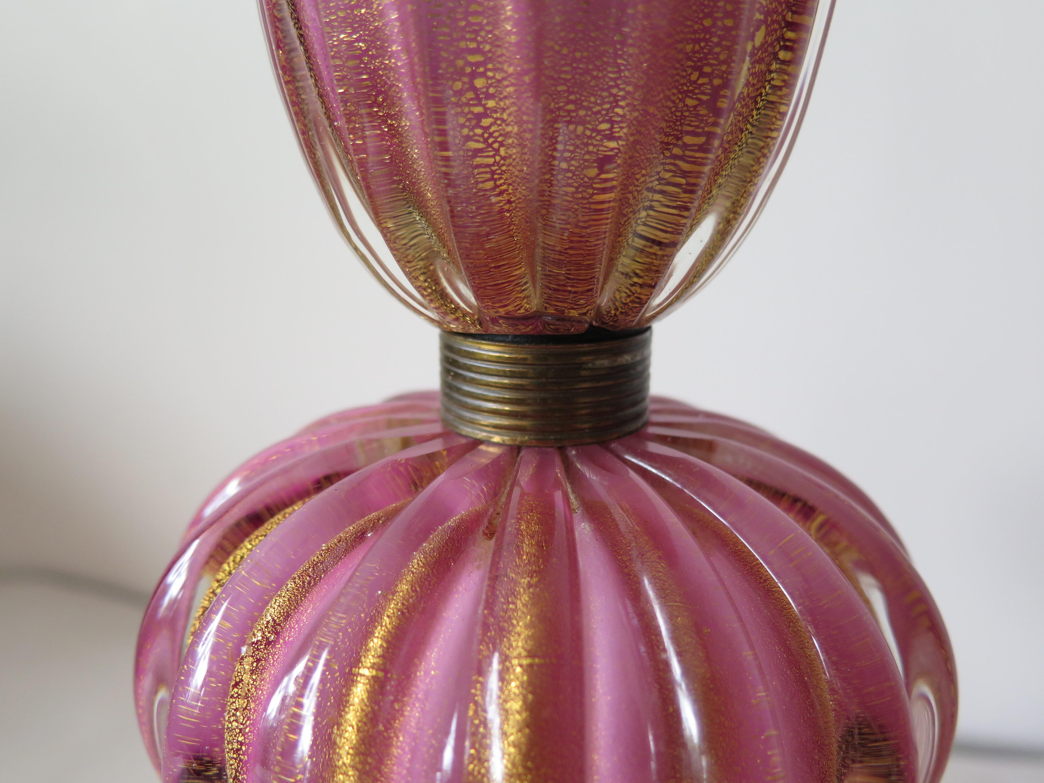 Mid-20th Century Pair of Pink Glass Murano Lamps with Gold Flecks For Sale