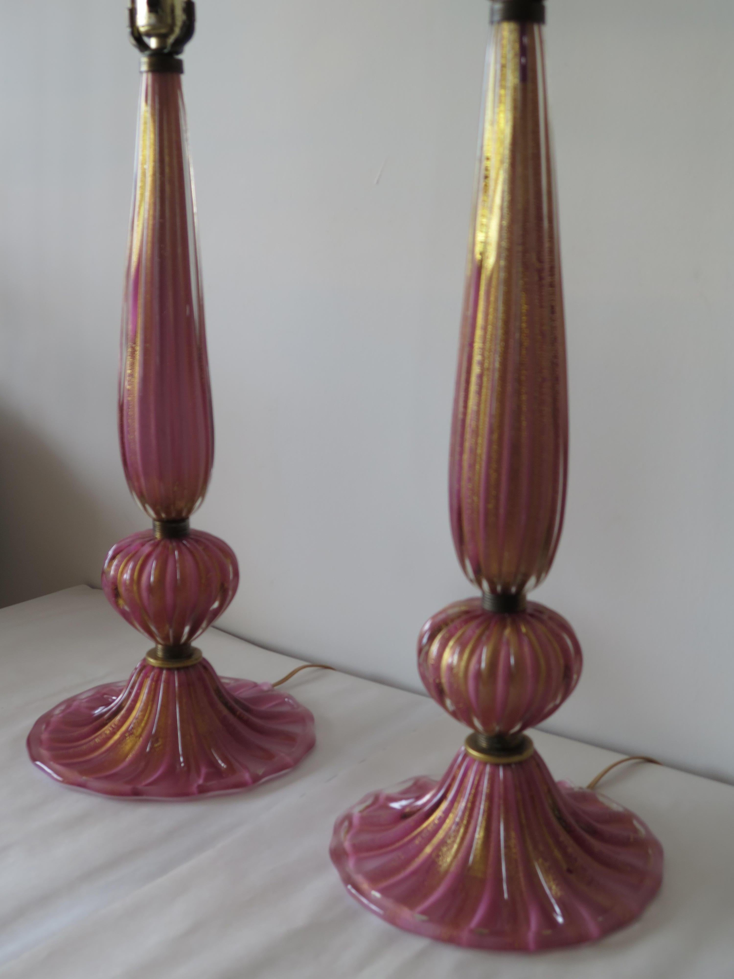 Pair of Pink Glass Murano Lamps with Gold Flecks For Sale 1