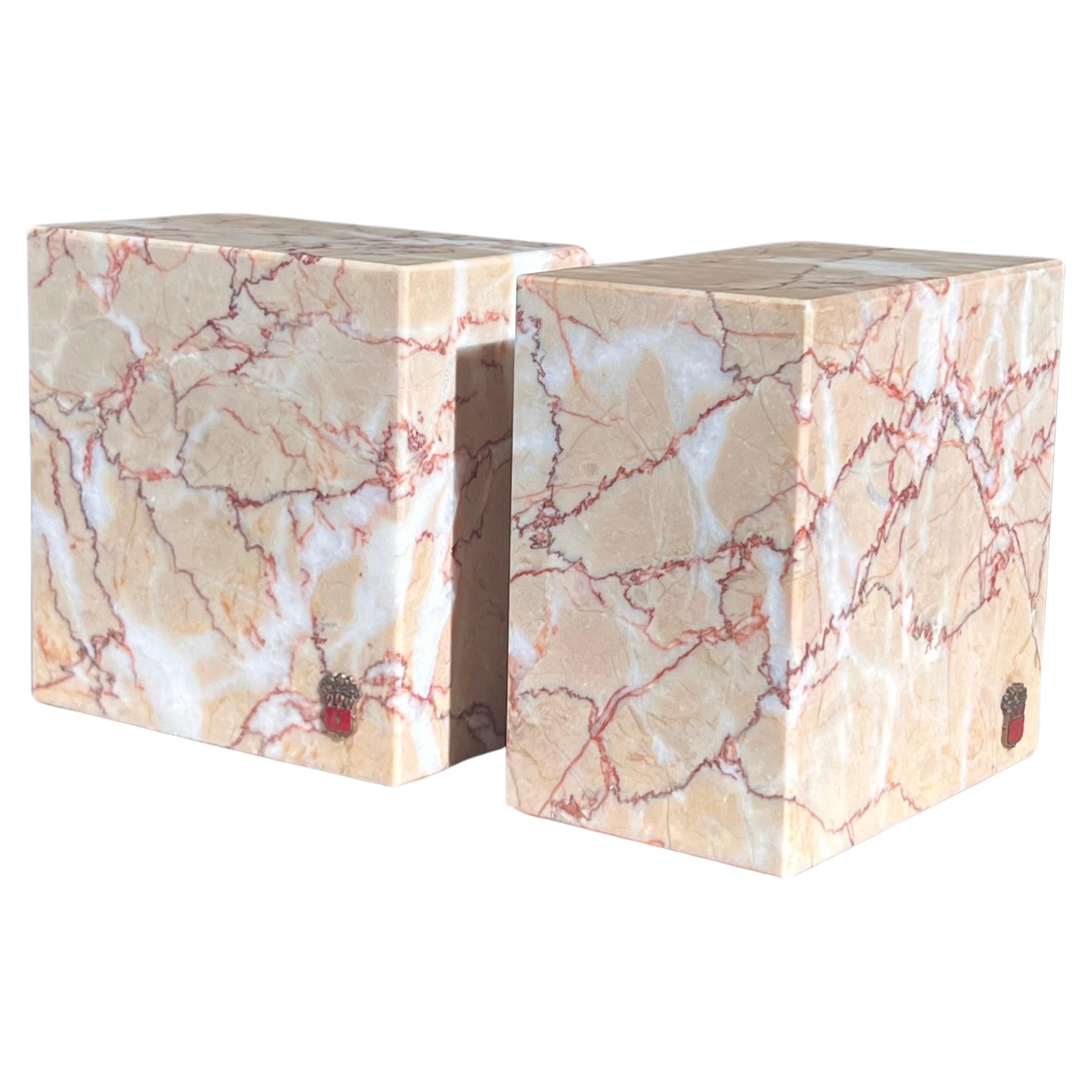 A pair of pink marble bookends by Vermont Marble Co, mid 20th century