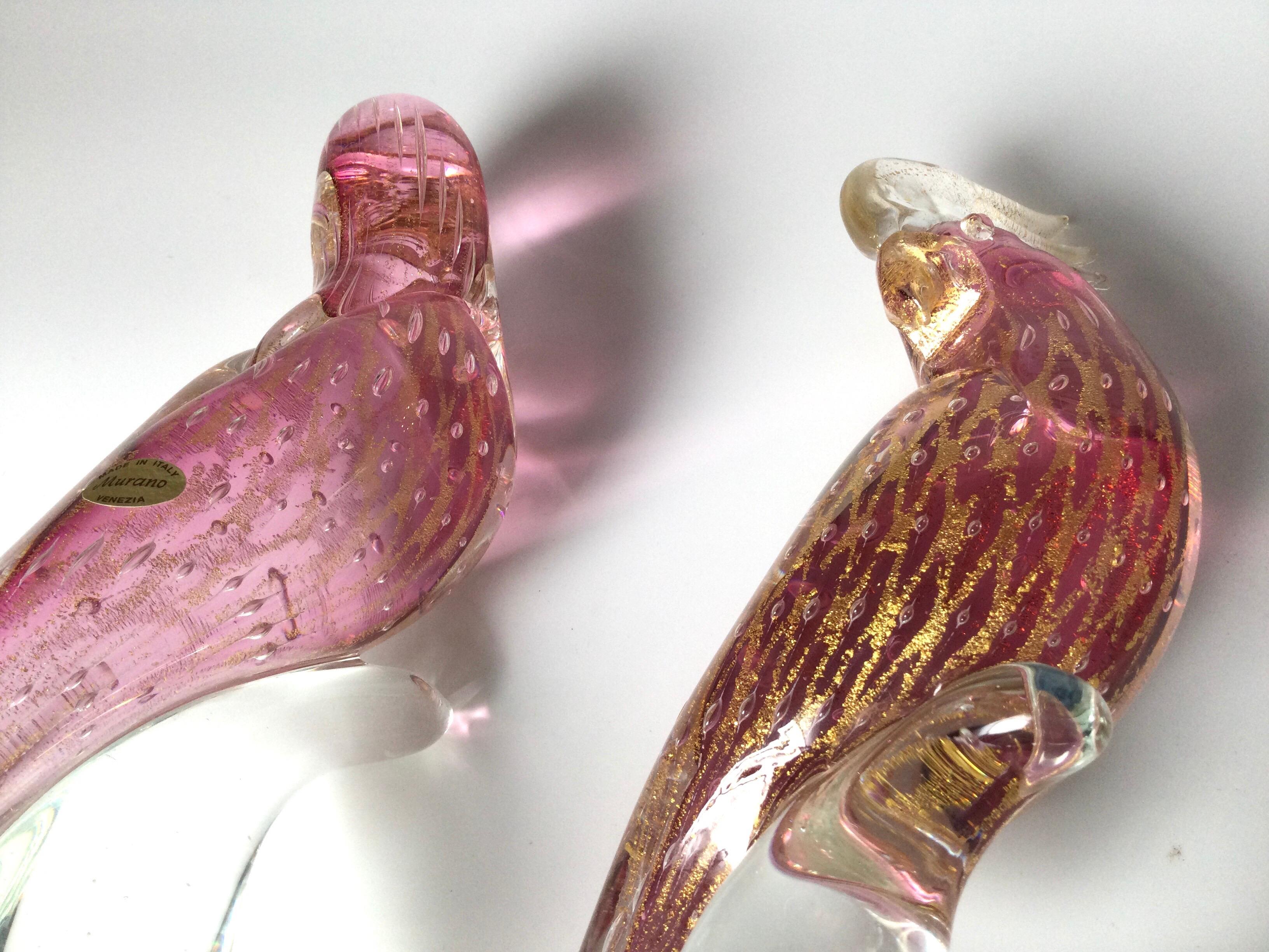 Pair of Pink Murano Glass Birds Signed S. Frattin  1