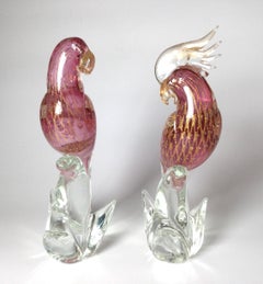 Pair of Pink Murano Glass Birds Signed S. Frattin