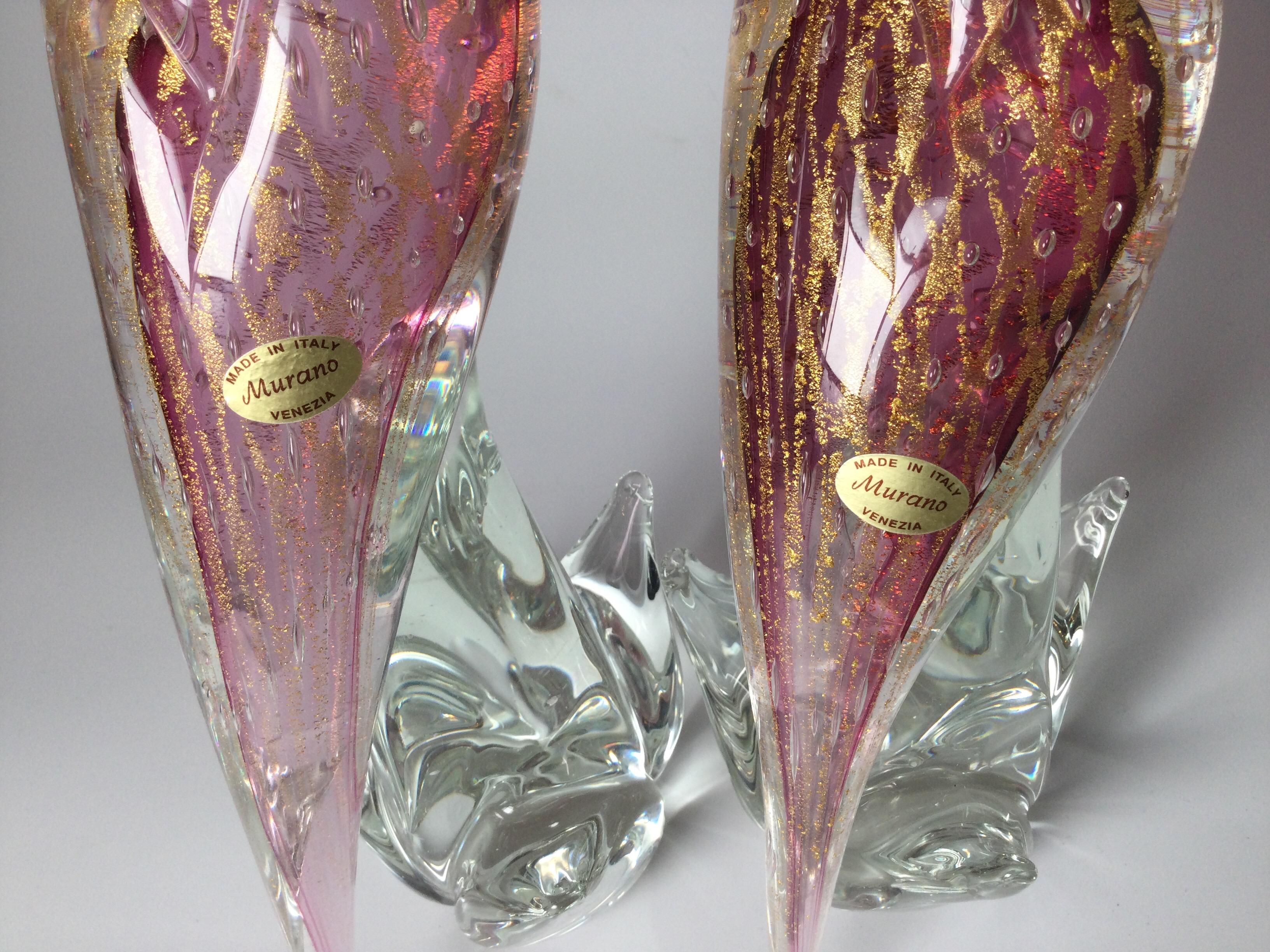 Mid-Century Modern Pair of Pink Murano Glass Birds Signed S. Frattin 