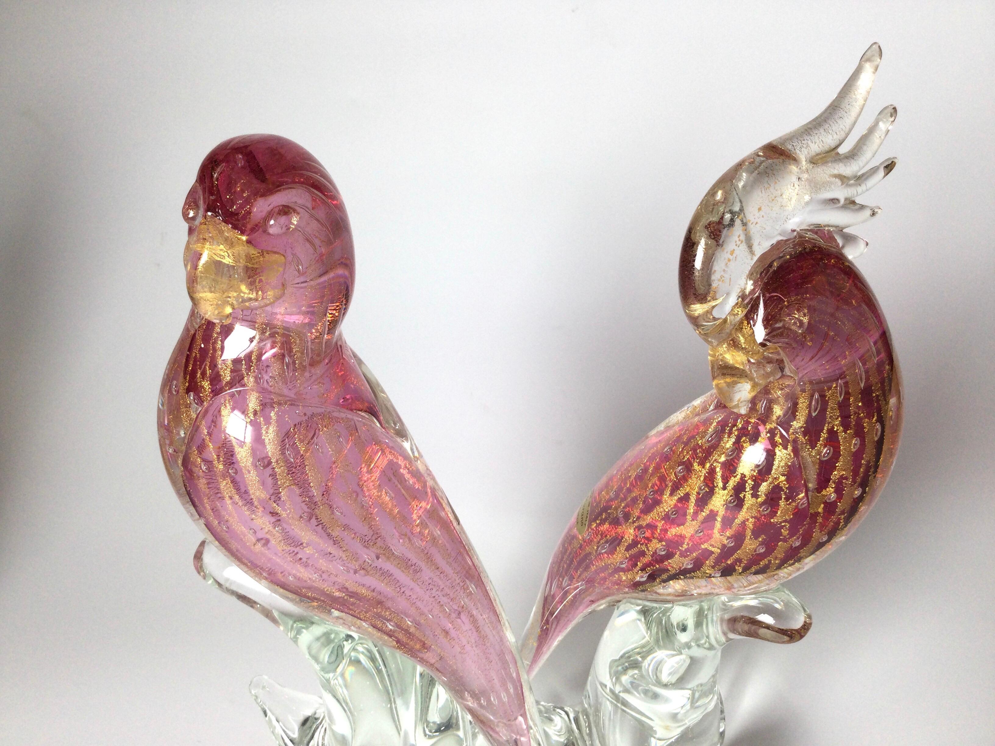 Italian Pair of Pink Murano Glass Birds Signed S. Frattin 