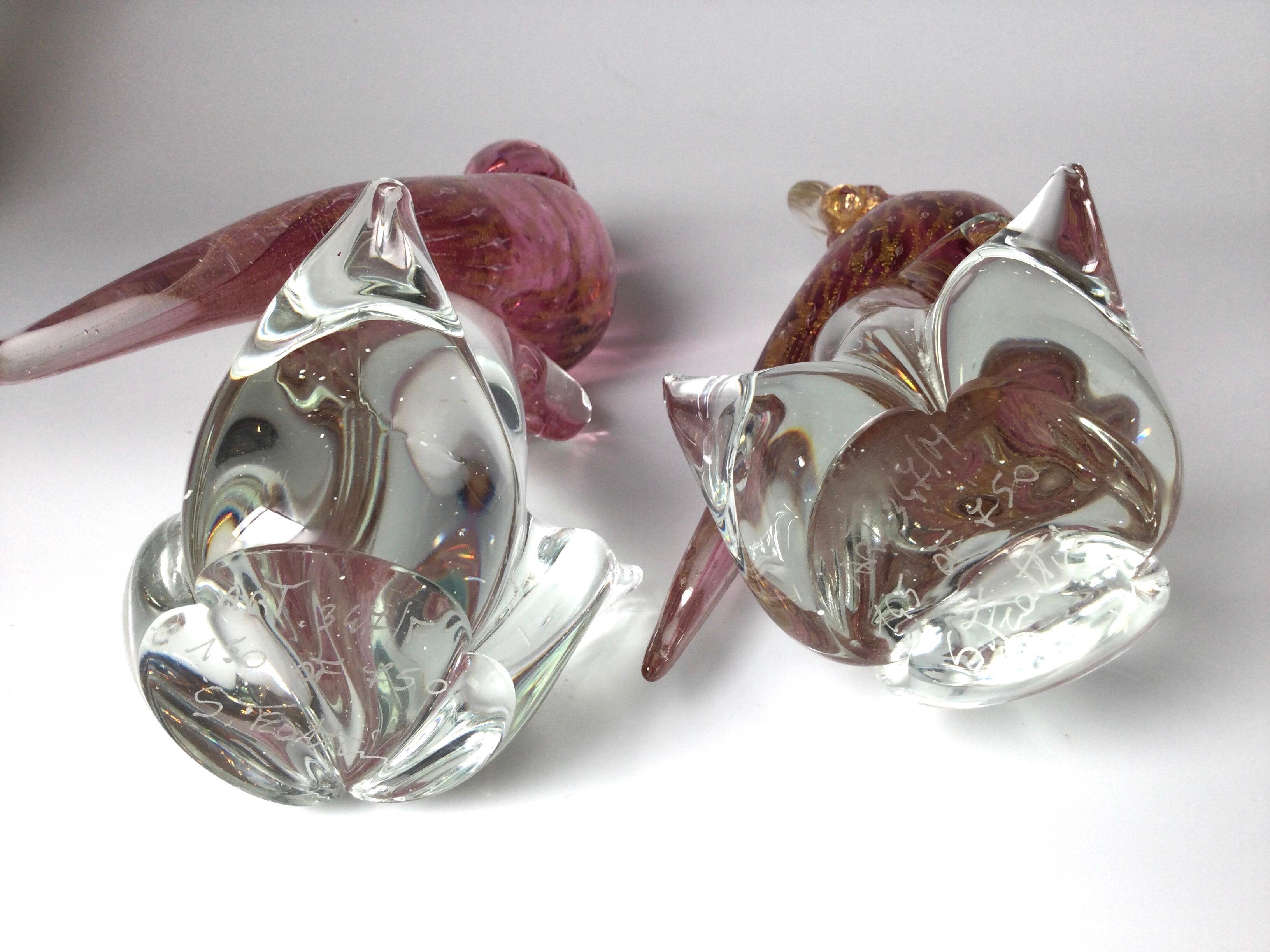 Italian Pair of Pink Murano Glass Birds Signed S. Frattin