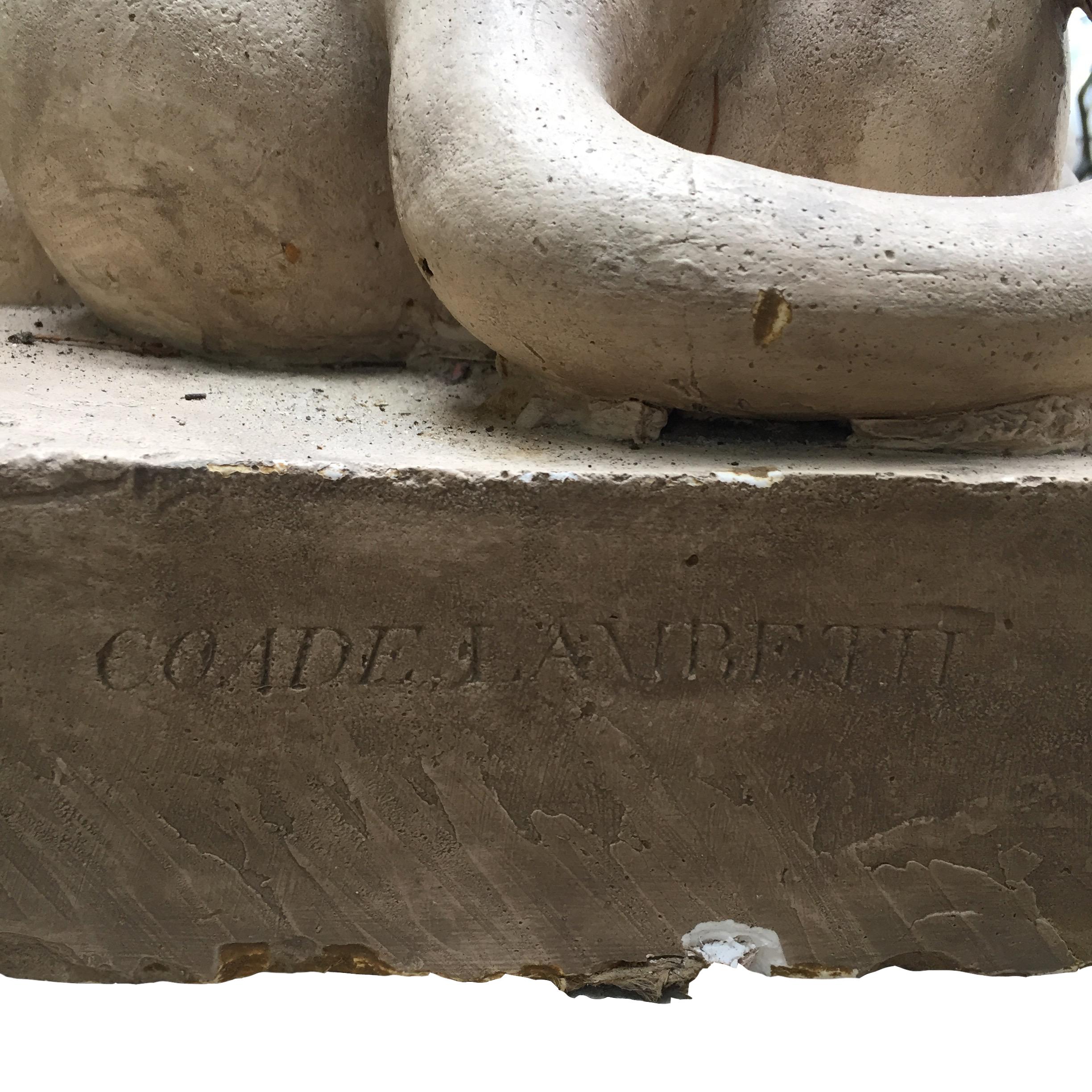 A striking and impressive pair of plaster Sphinx. 

Each are stamped Coade Lambeth to the rear of the plinth and are most probably modelled from the Coade Sphinx at Milton Hall, near Peterborough, England.

Both are showing signs of nibble and