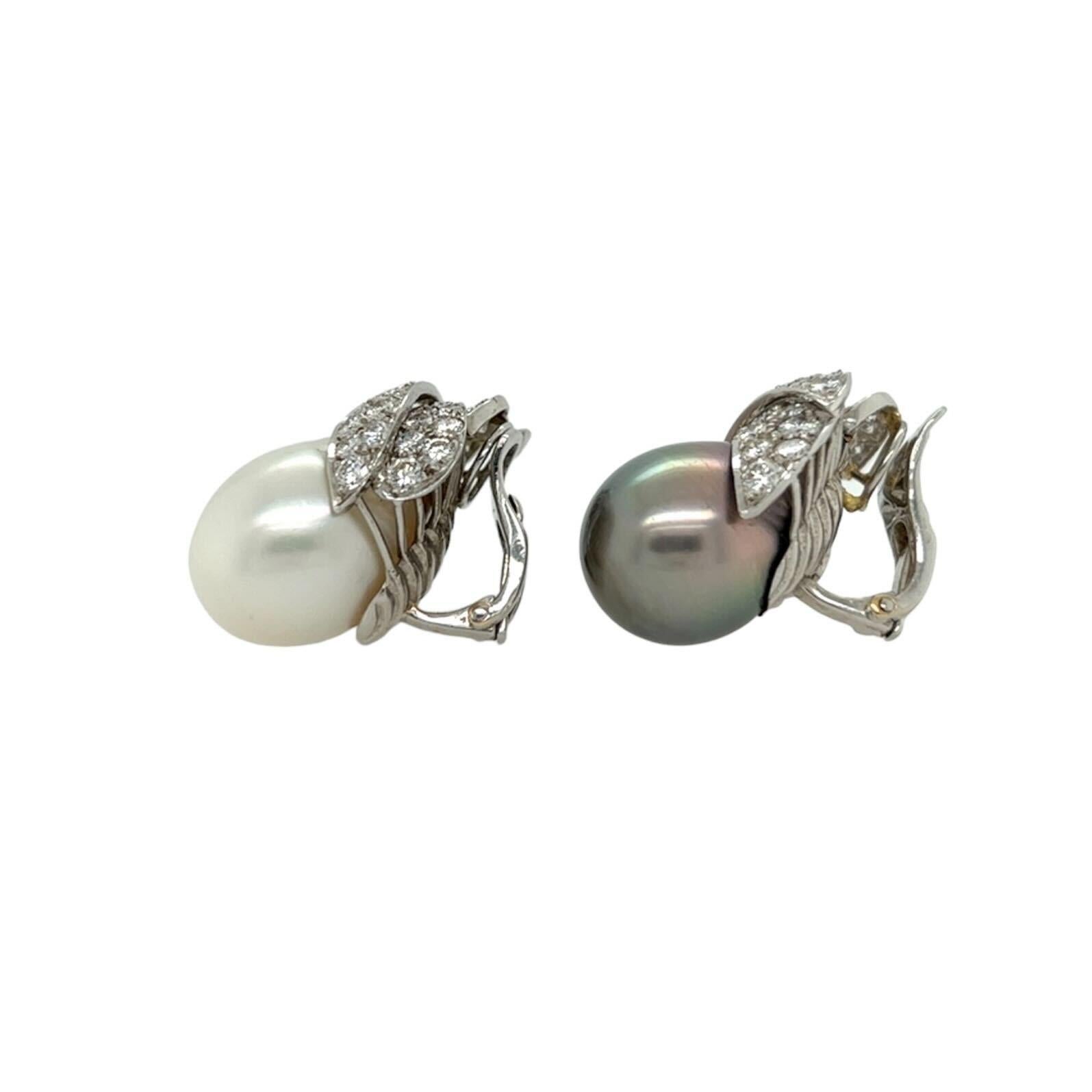 Round Cut Pair of Platinum, 18 Karat White Gold, Pearl and Diamond Earrings For Sale