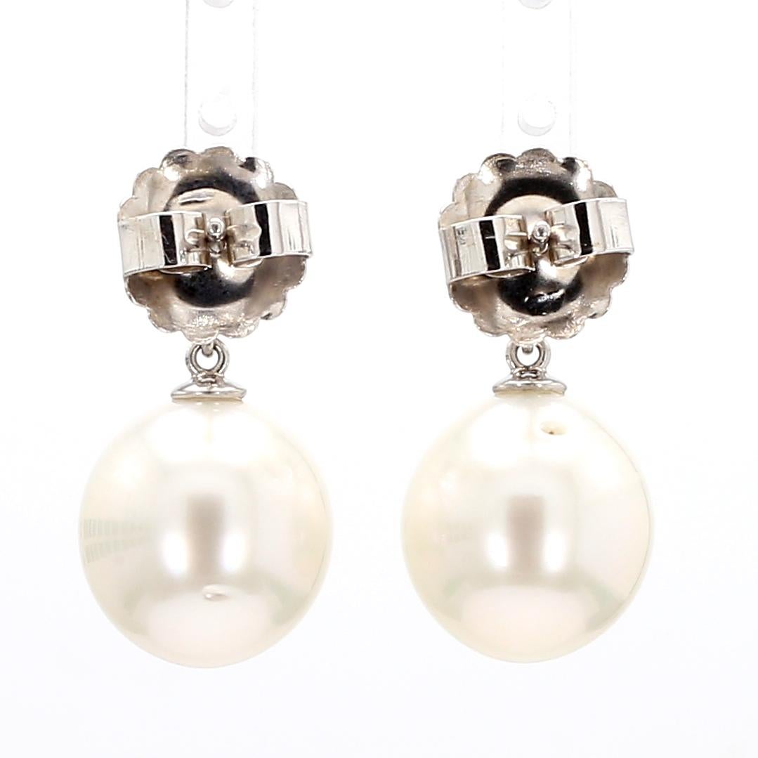 Women's or Men's A Pair of  Platinum/18KW White Gold Diamond and South Sea Pearl Drop Earring For Sale
