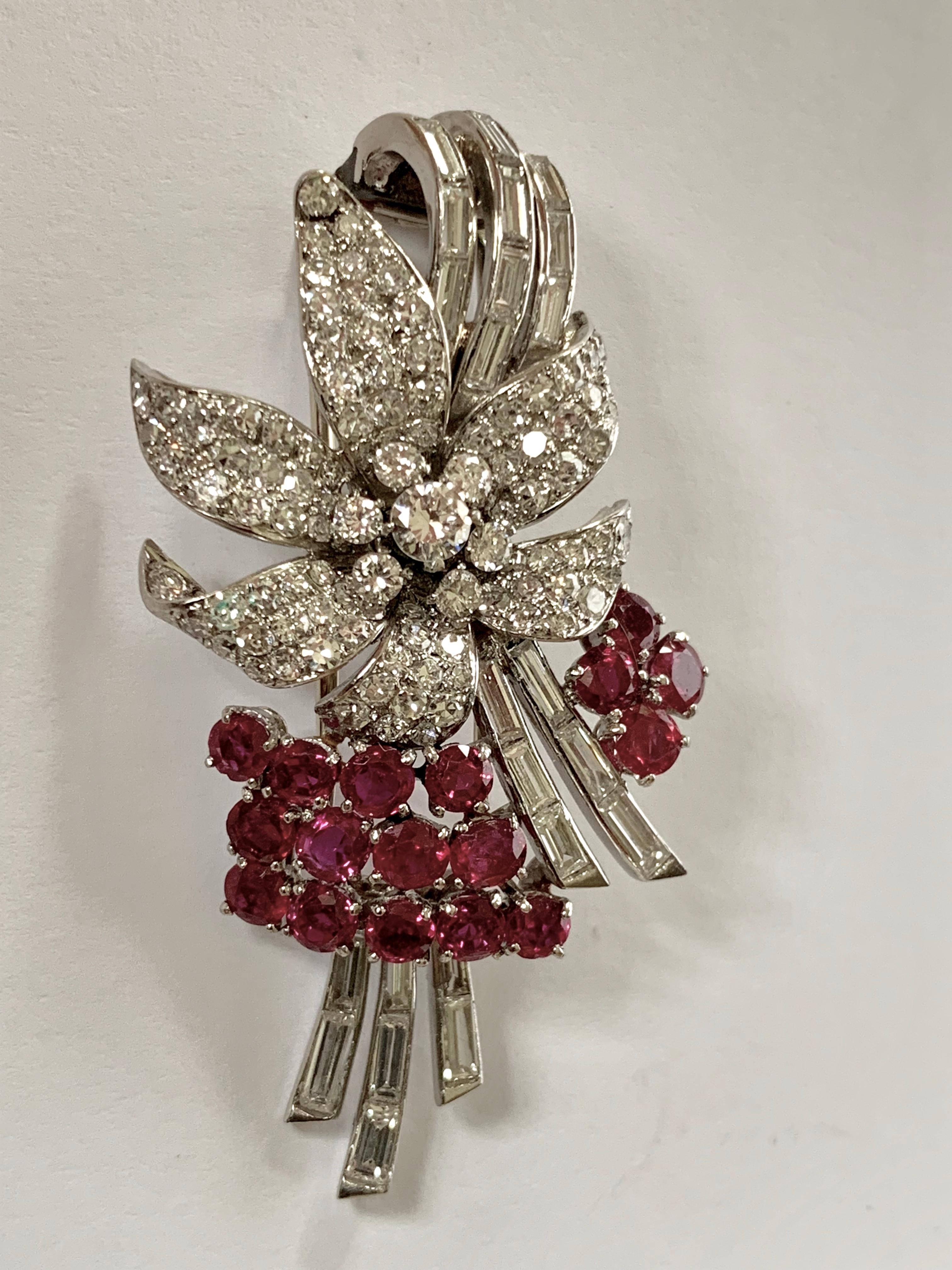 Retro Pair of Platinum Diamond and Ruby Clip Brooches, circa 1950 For Sale