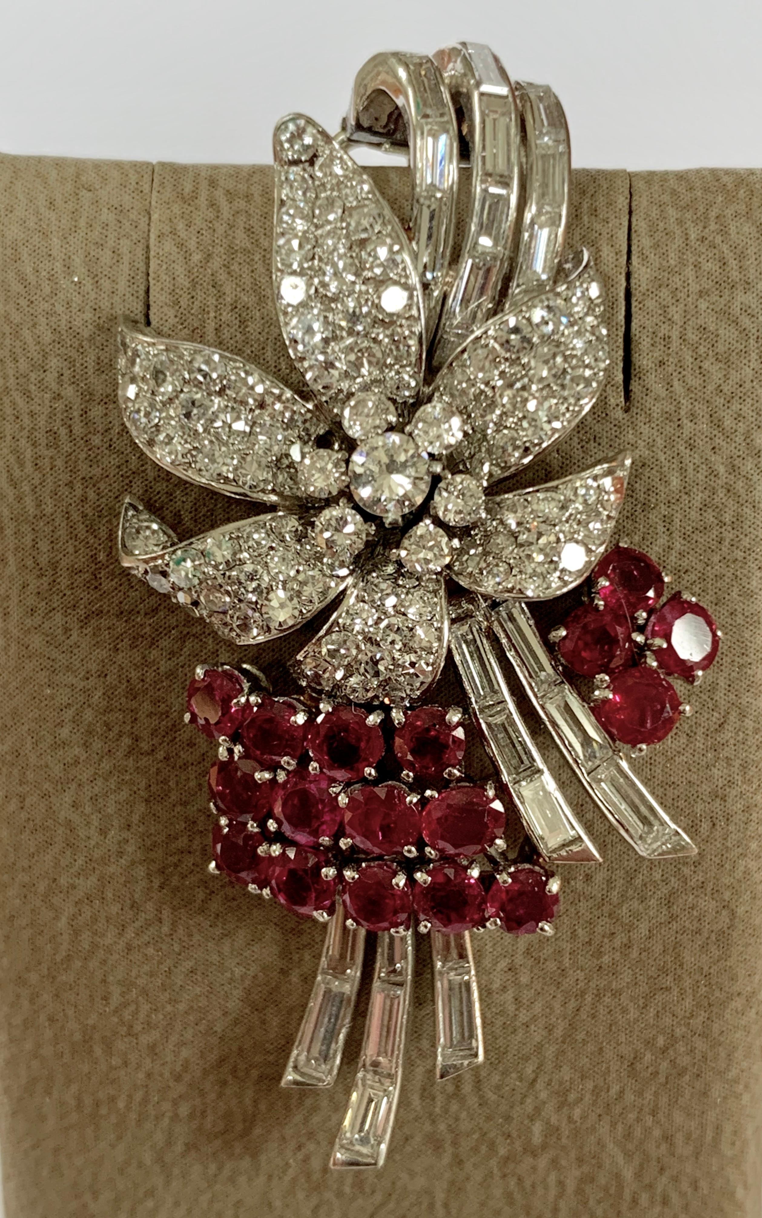 Old European Cut Pair of Platinum Diamond and Ruby Clip Brooches, circa 1950 For Sale
