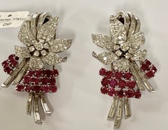Pair of Platinum Diamond and Ruby Clip Brooches, circa 1950