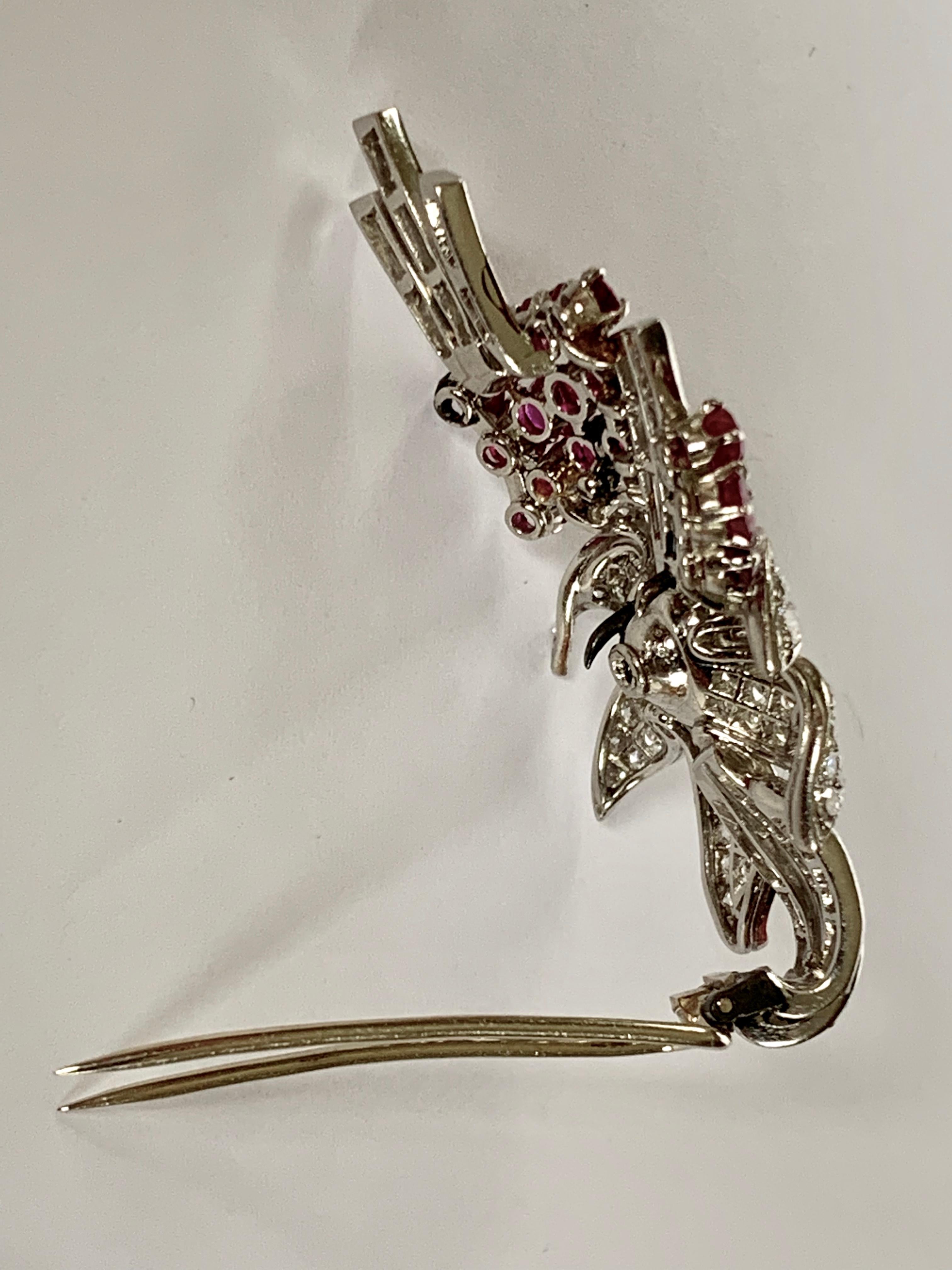 Women's Pair of Platinum Diamond and Ruby Clip Brooches, circa 1950 For Sale