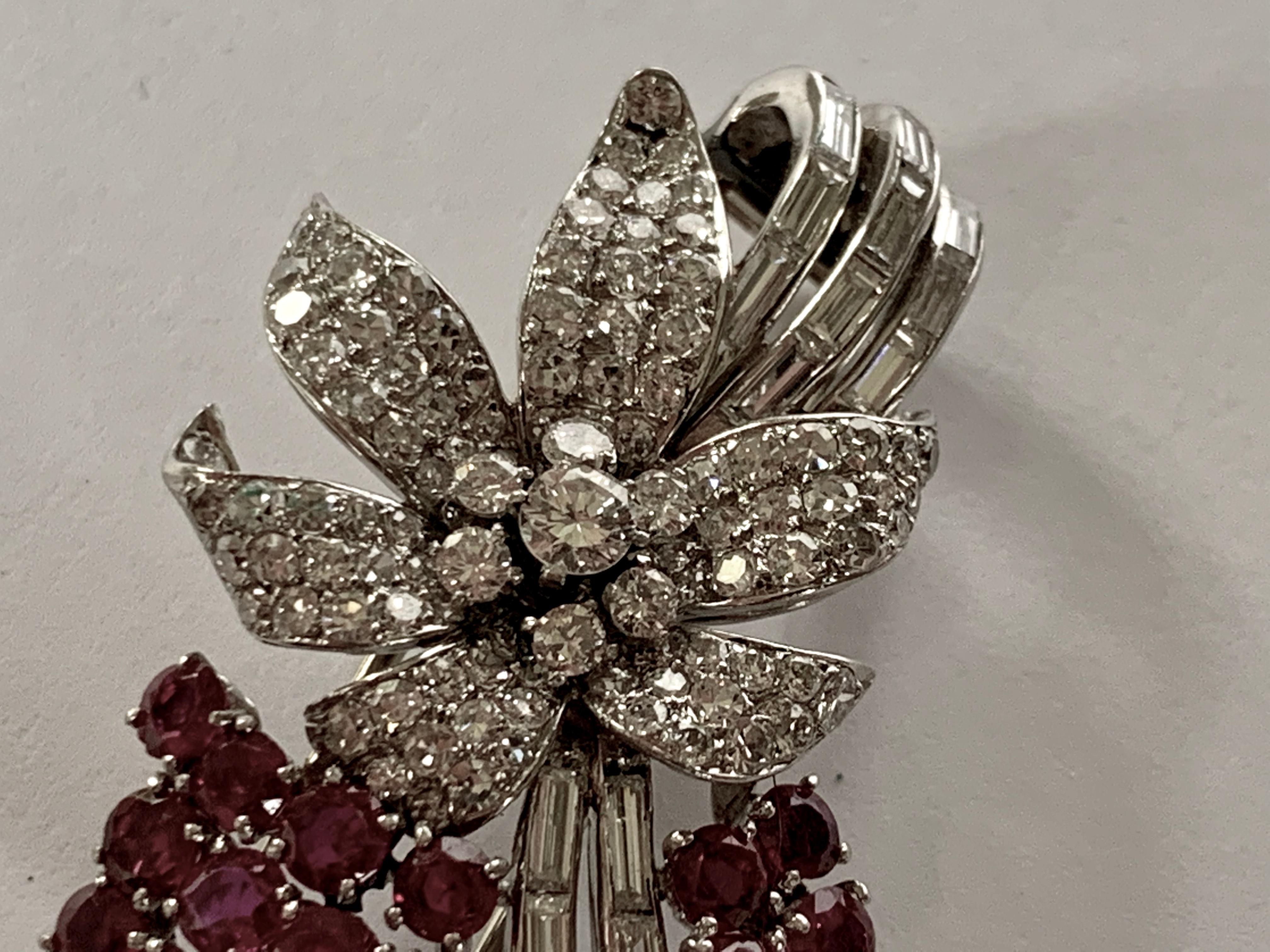 Pair of Platinum Diamond and Ruby Clip Brooches, circa 1950 For Sale 1