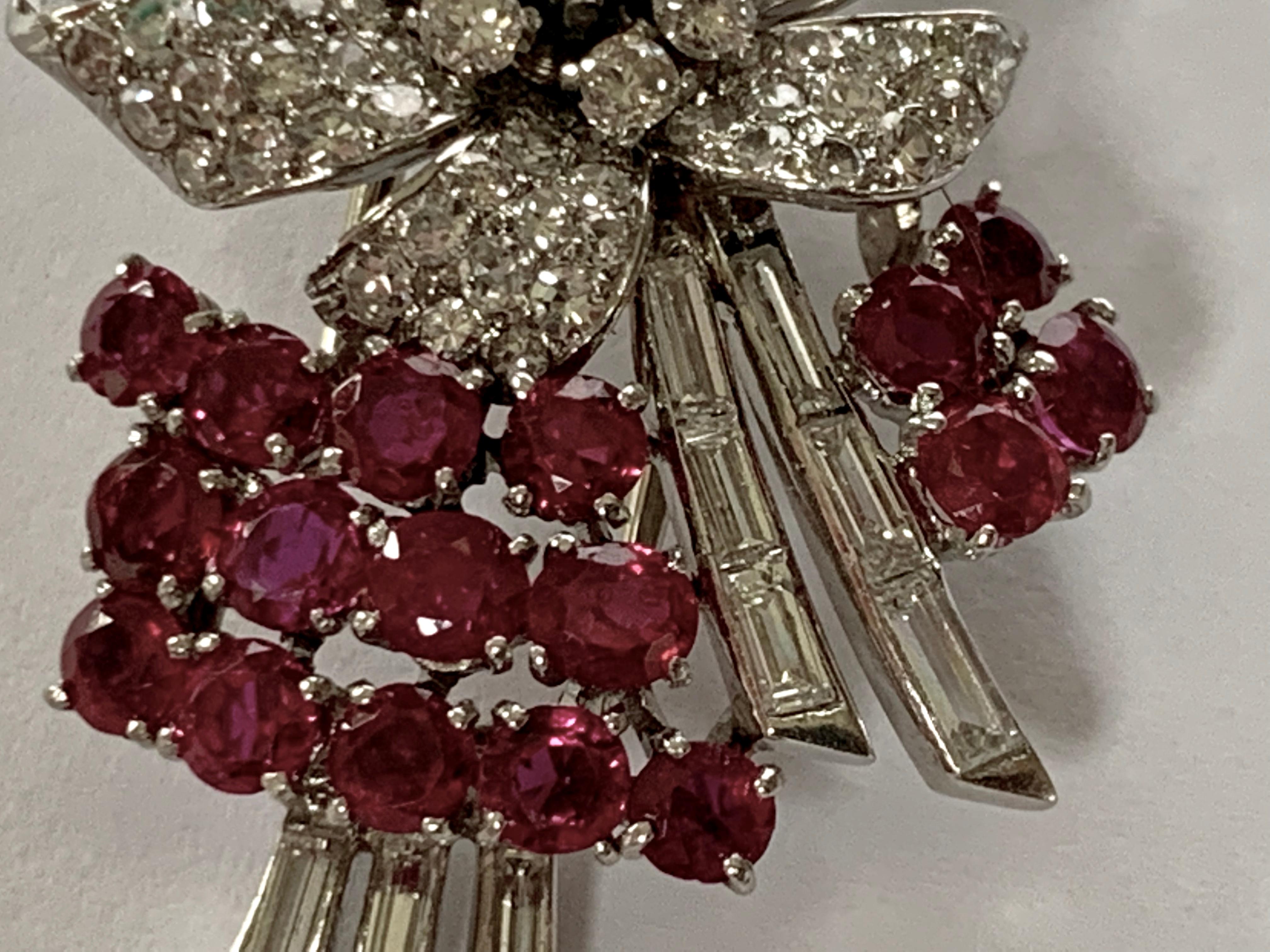 Pair of Platinum Diamond and Ruby Clip Brooches, circa 1950 For Sale 2