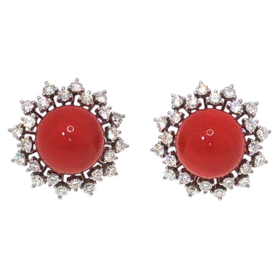 A Pair of Platinum Red Coral & Diamond Earrings For Sale