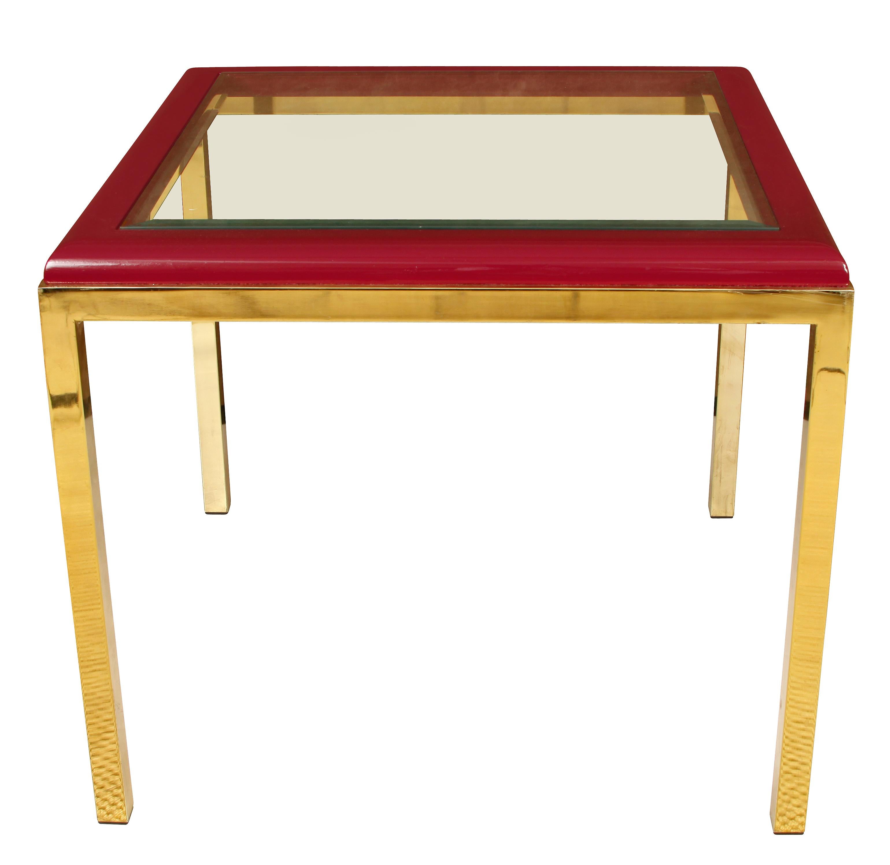 Hand-Painted Plum Leather, Brass and Glass Midcentury Side Table