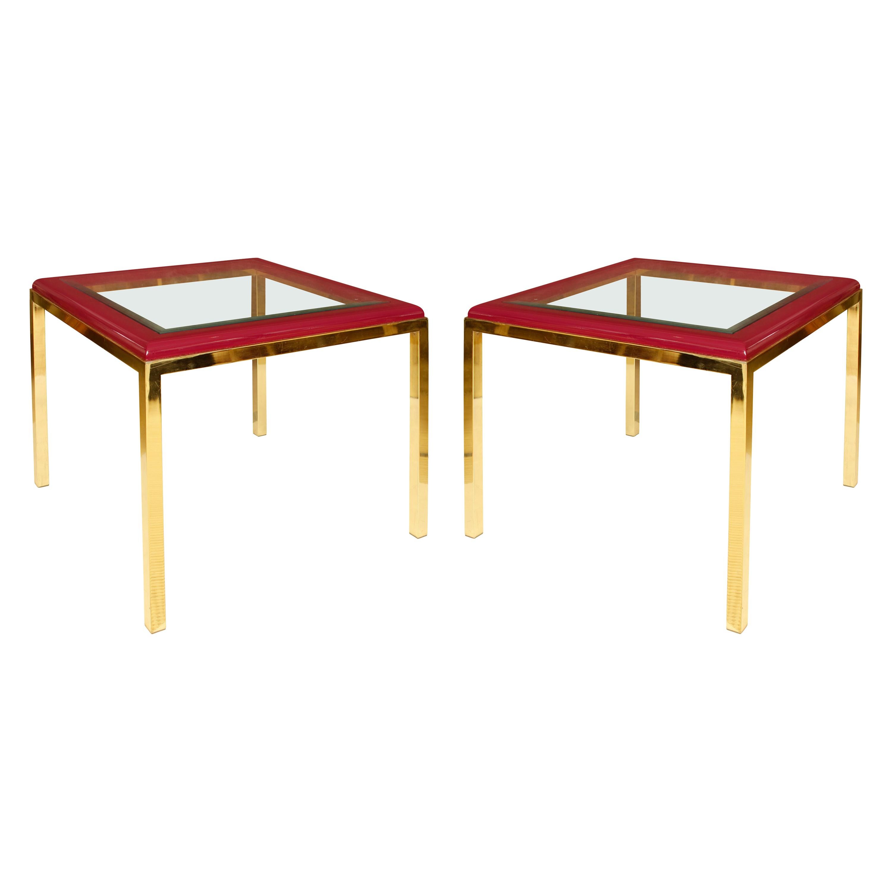 Plum Leather, Brass and Glass Midcentury Side Table