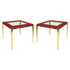 Pair of Plum Leather, Brass and Glass Midcentury Tables