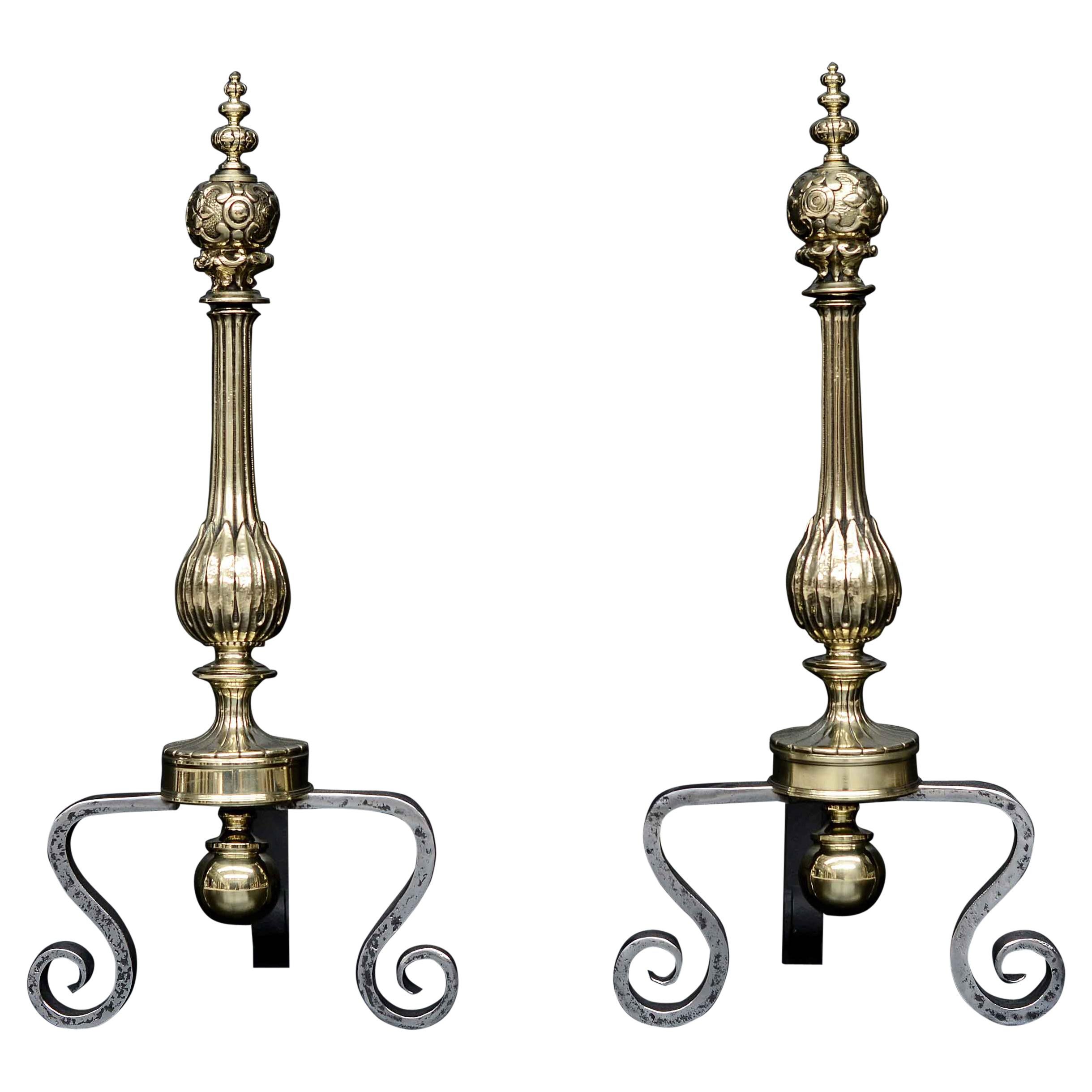 Pair of Polished Brass & Wrought Iron Firedogs For Sale