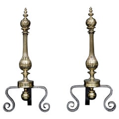 Pair of Polished Brass & Wrought Iron Firedogs