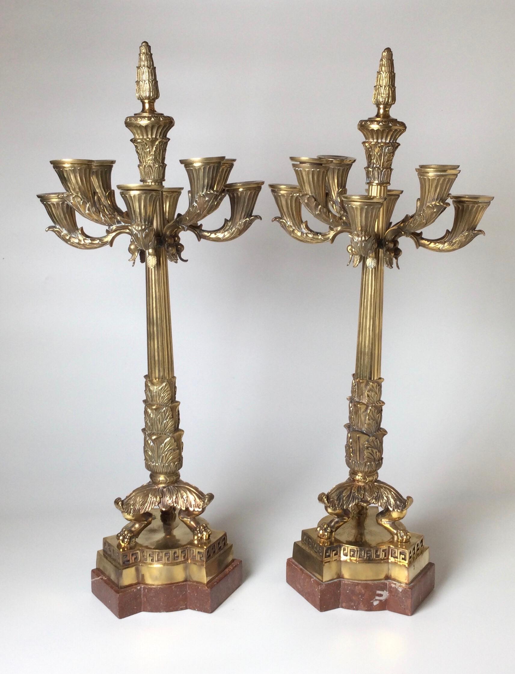 European Pair of Polished Bronze and Marble Charles X Style Candelabra For Sale