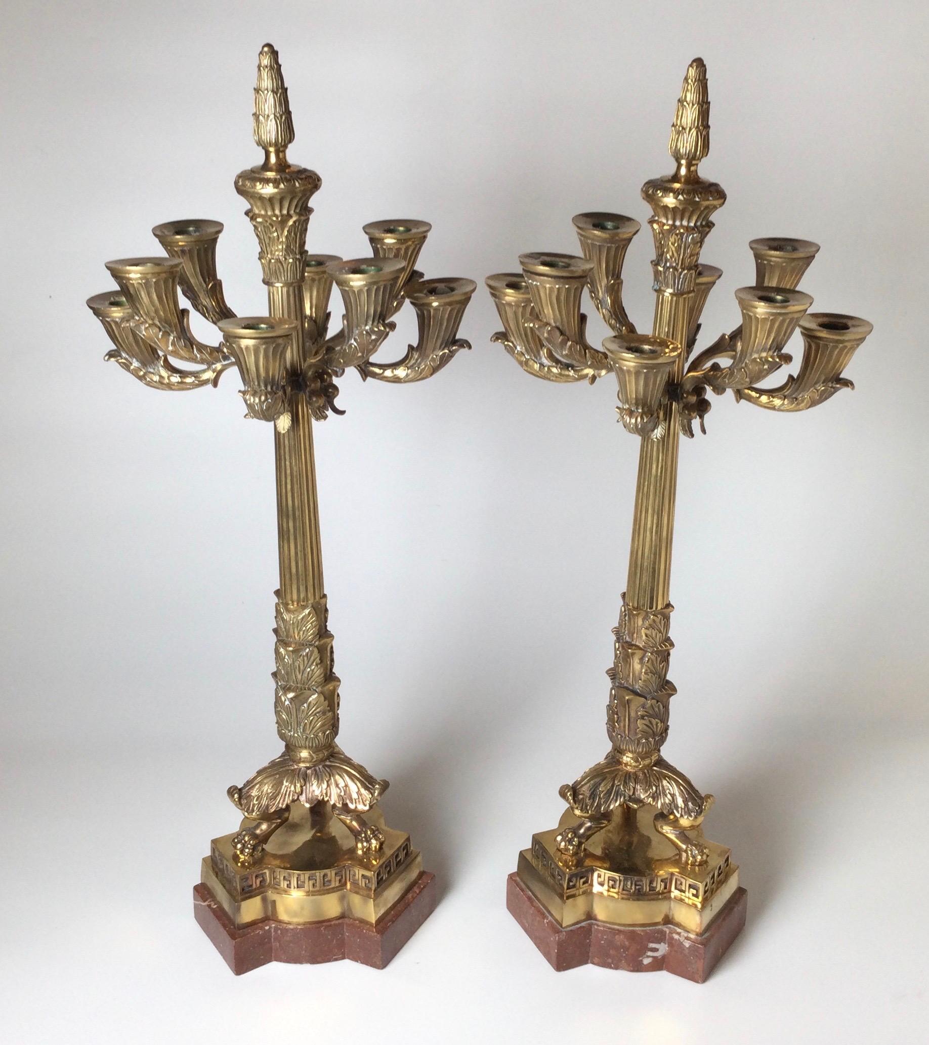 Pair of Polished Bronze and Marble Charles X Style Candelabra In Good Condition For Sale In Lambertville, NJ