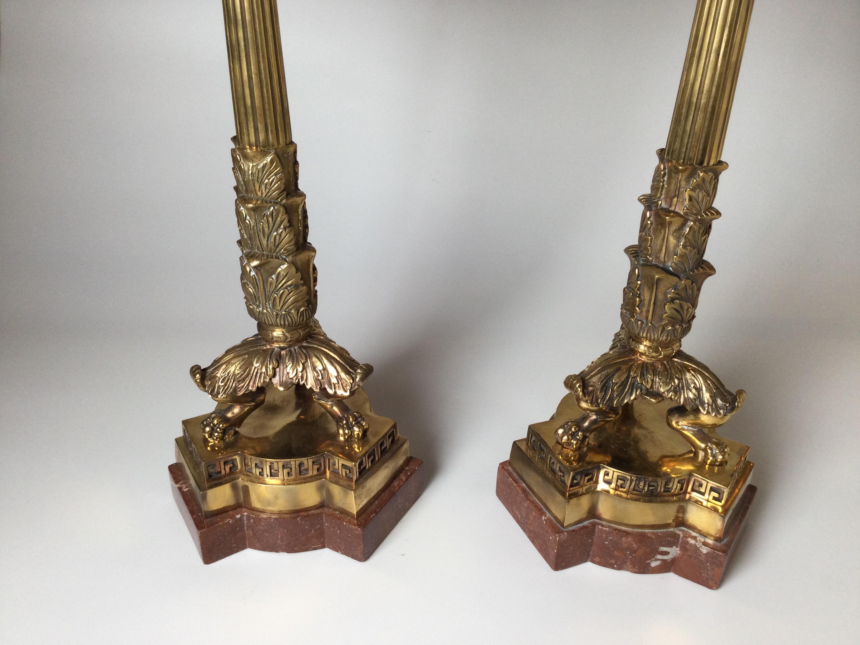 20th Century Pair of Polished Bronze and Marble Charles X Style Candelabra For Sale