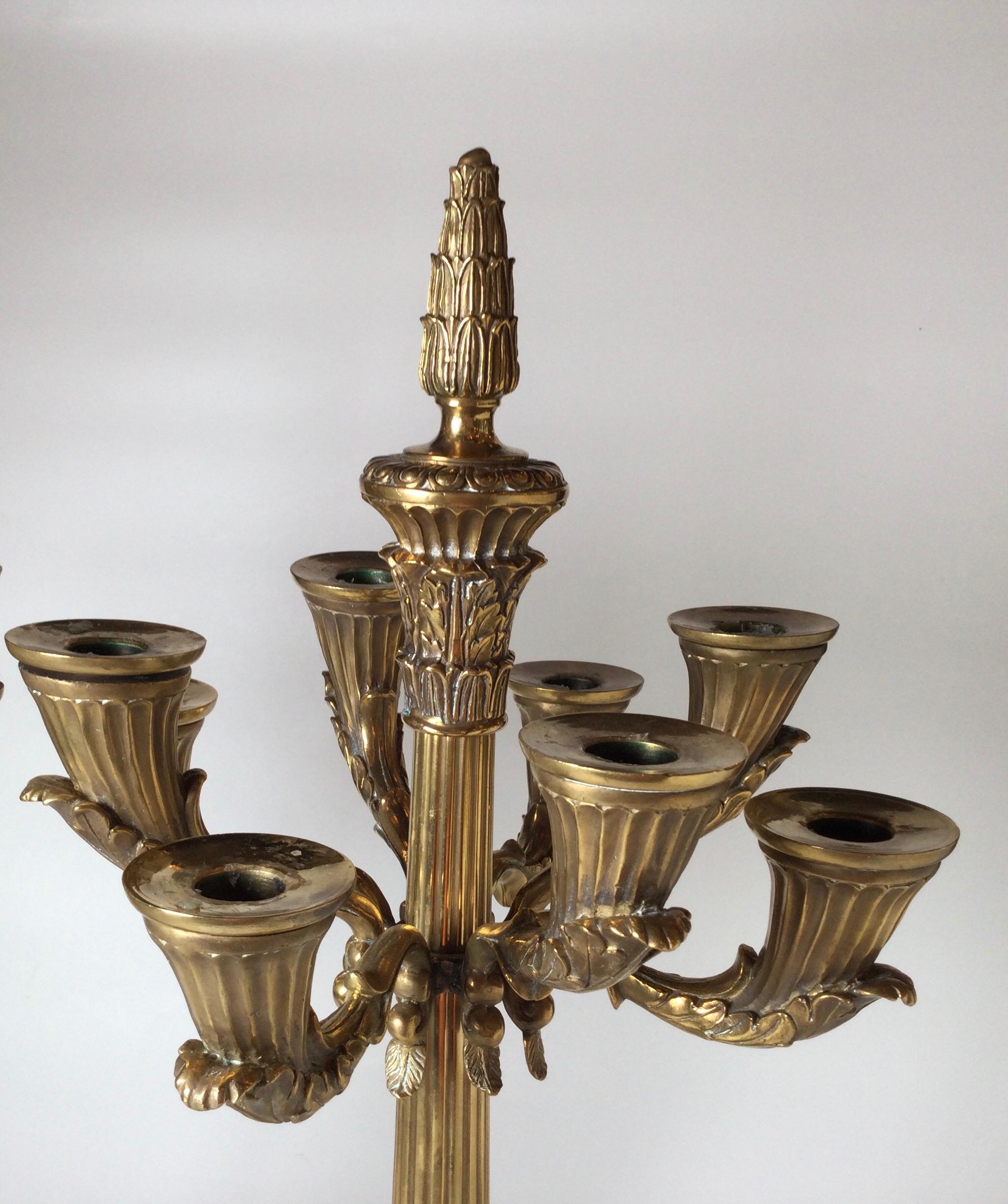 Pair of Polished Bronze and Marble Charles X Style Candelabra For Sale 2