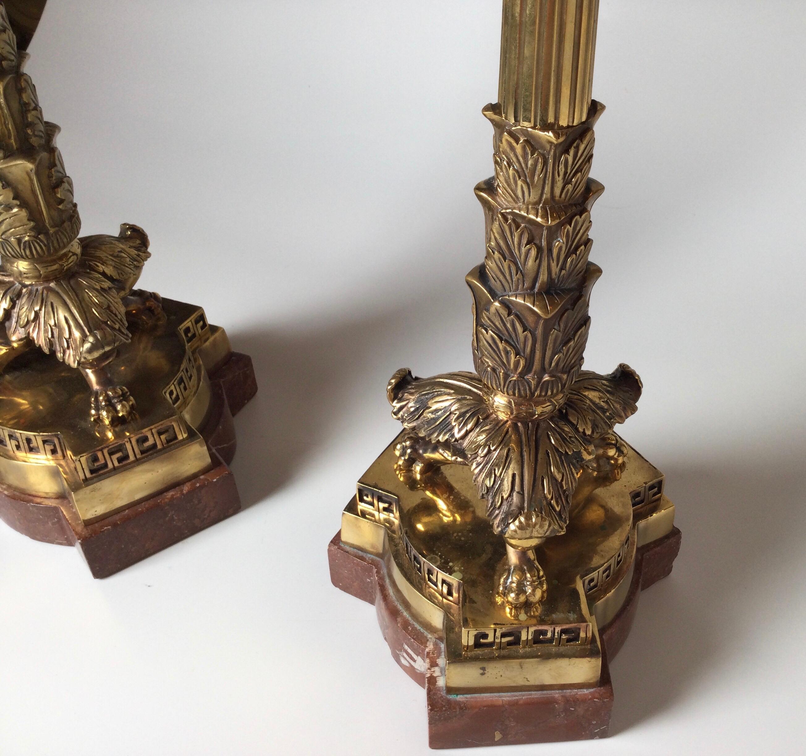 Pair of Polished Bronze and Marble Charles X Style Candelabra For Sale 3