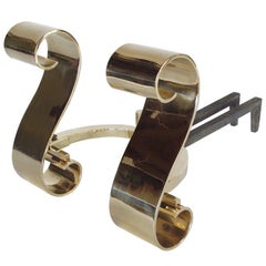 A Pair of Polished Scroll Brass Andirons