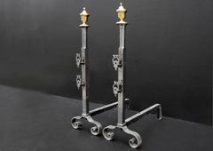 Pair of Polished Steel Firedogs with Brass Urn Finials