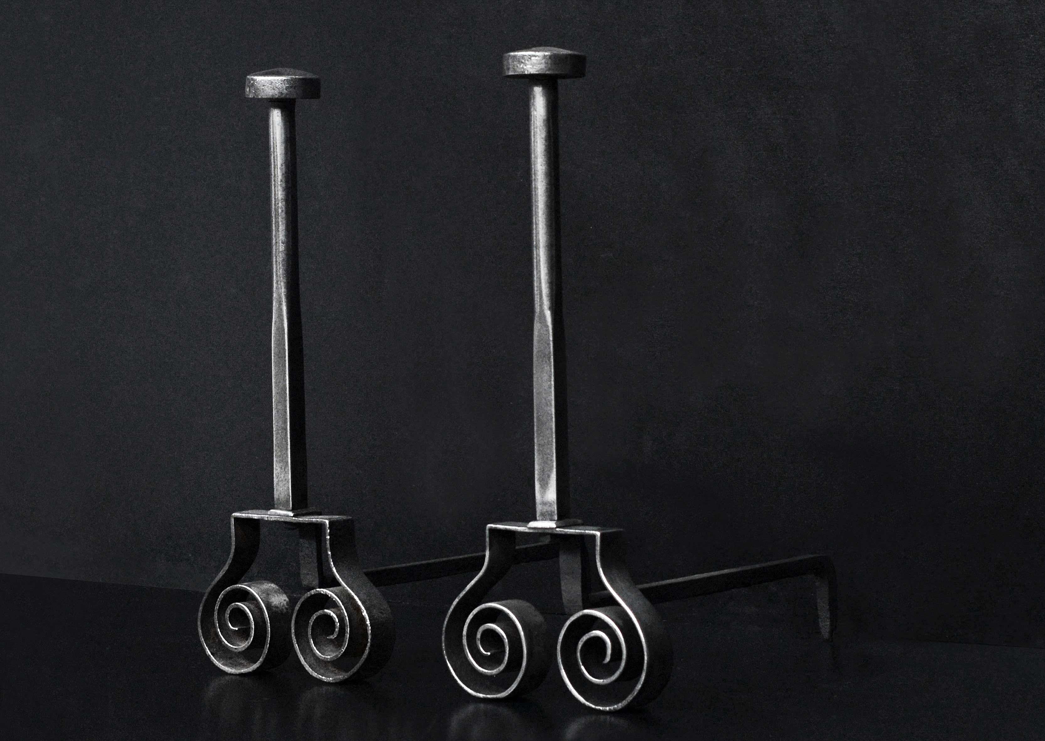 English Pair of Polished Steel Firedogs with Scrolled Feet For Sale