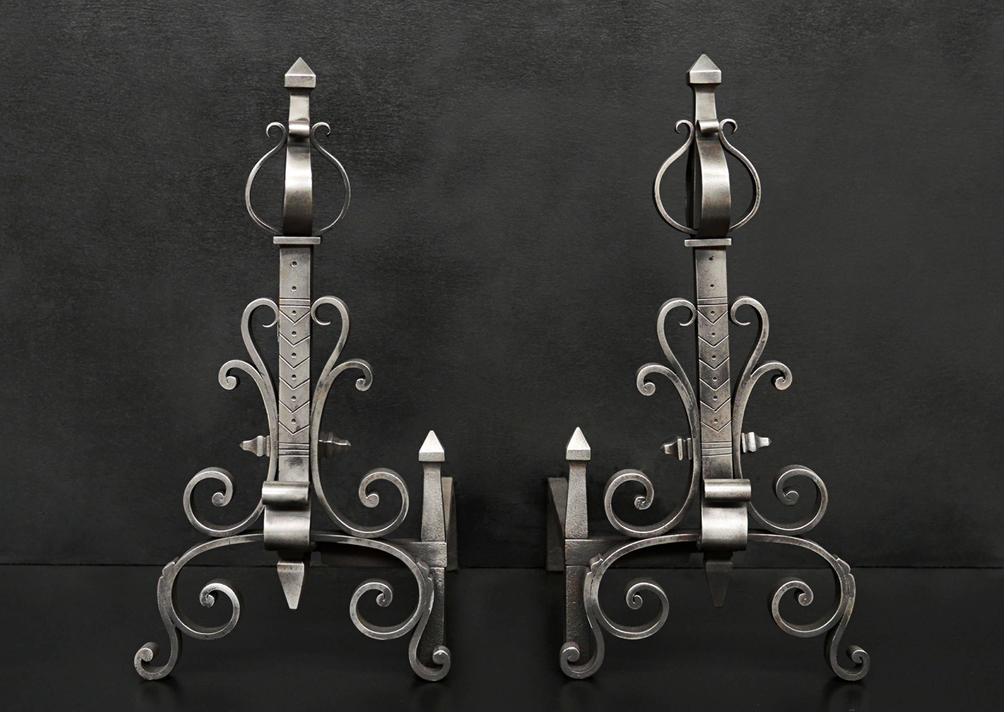 Pair of Polished Steel Firedogs with Scrollwork In Good Condition For Sale In London, GB