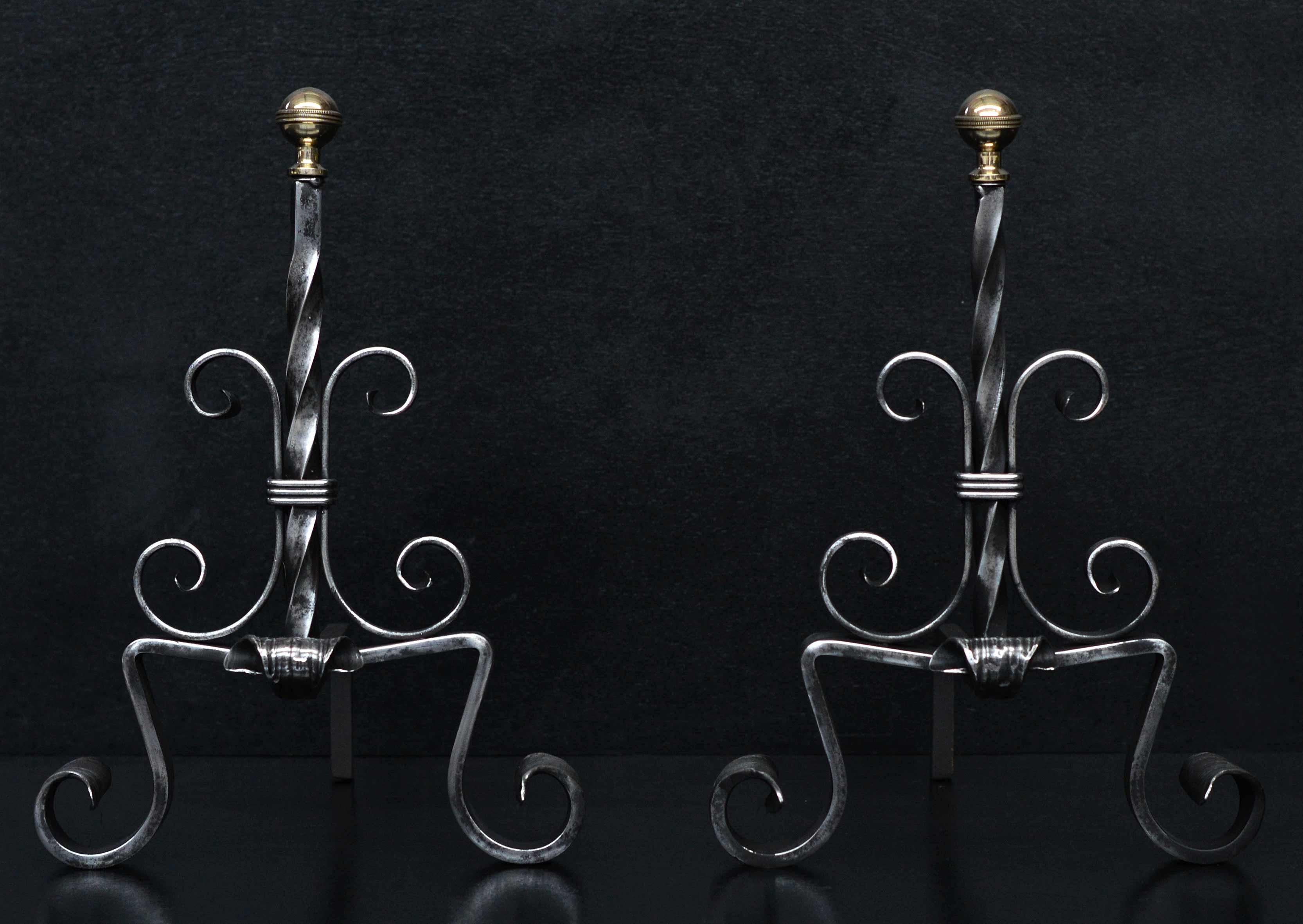 19th Century Pair of Polished Steel French Firedogs For Sale