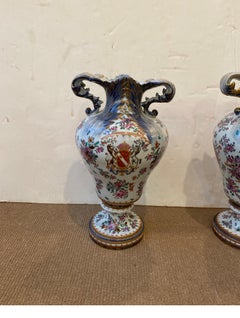Pair of Porcelain Armorial Urns by Naples Capodimonte 19th Century
