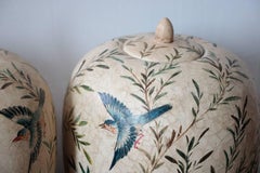 Pair of Porcelain Asian Inspired Decoupage Urns Bluebird's and Butterfly's