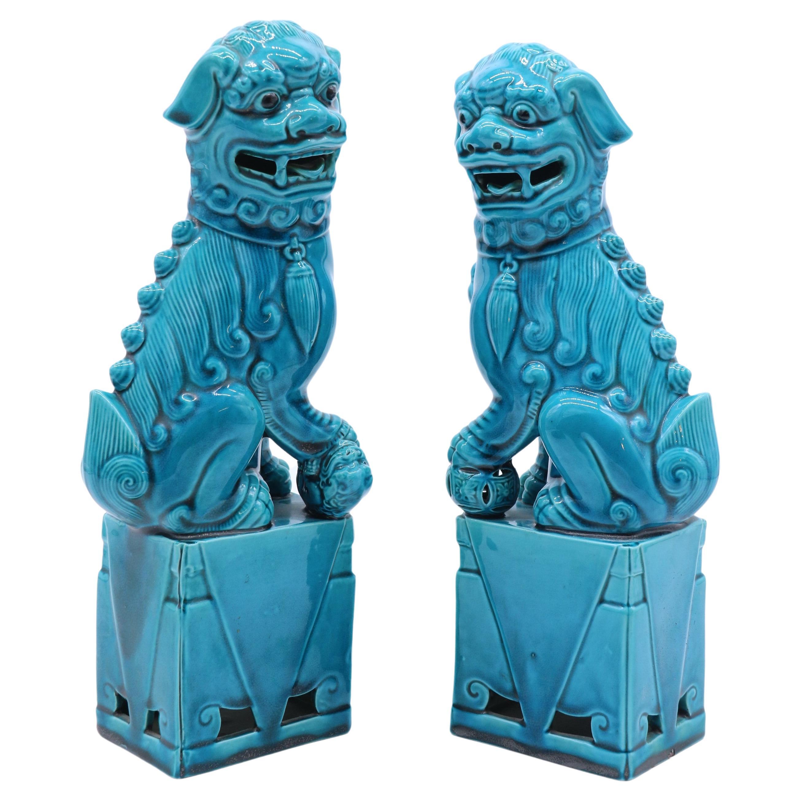 Pair of Porcelain Chinese Buddhist Temple Lions or Foo Dogs, circa 1900