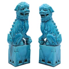 Pair of Porcelain Chinese Buddhist Temple Lions or Foo Dogs, circa 1900