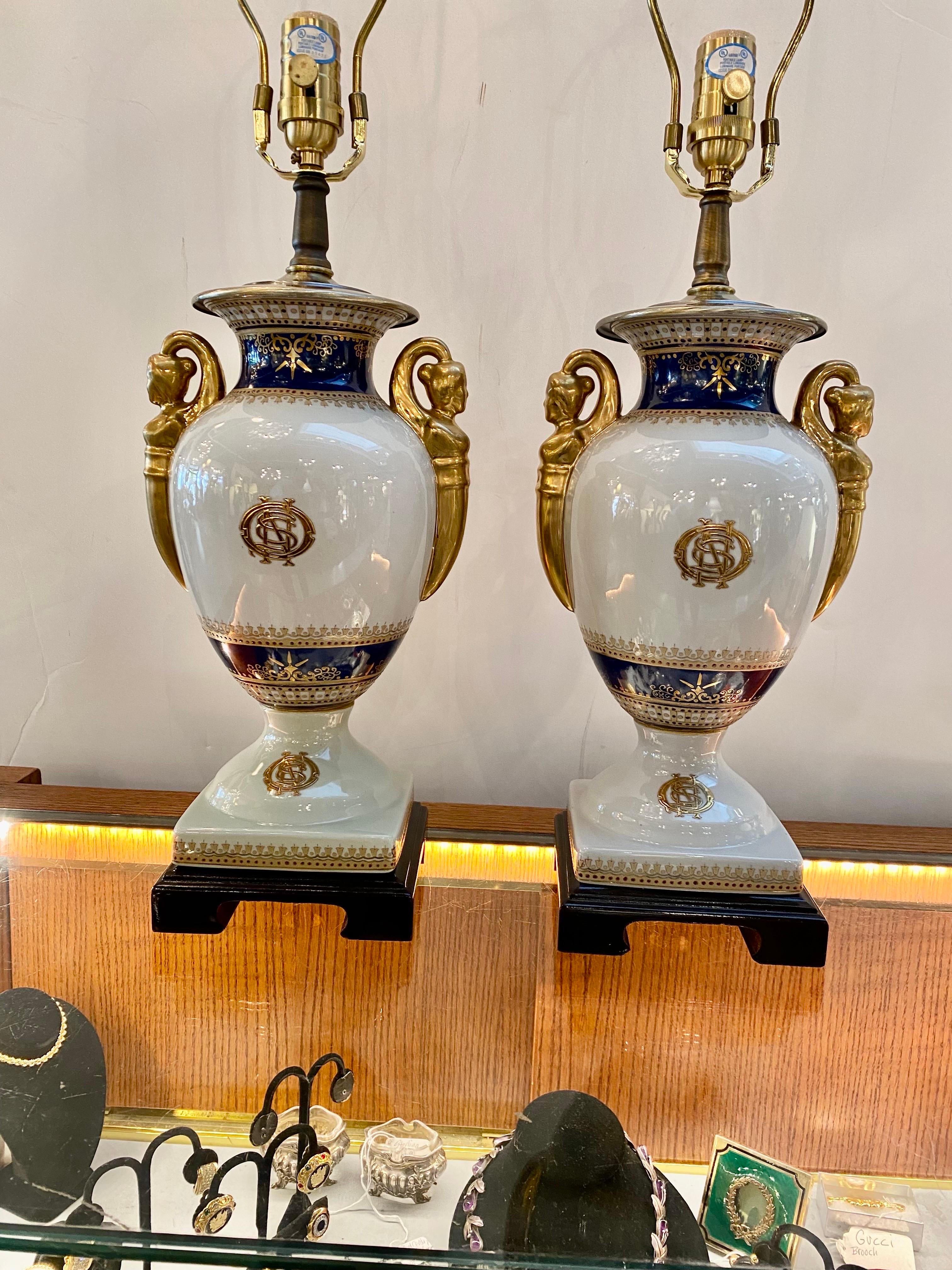 Unknown Pair of Porcelain Hand Painted Neoclassical Table Lamps