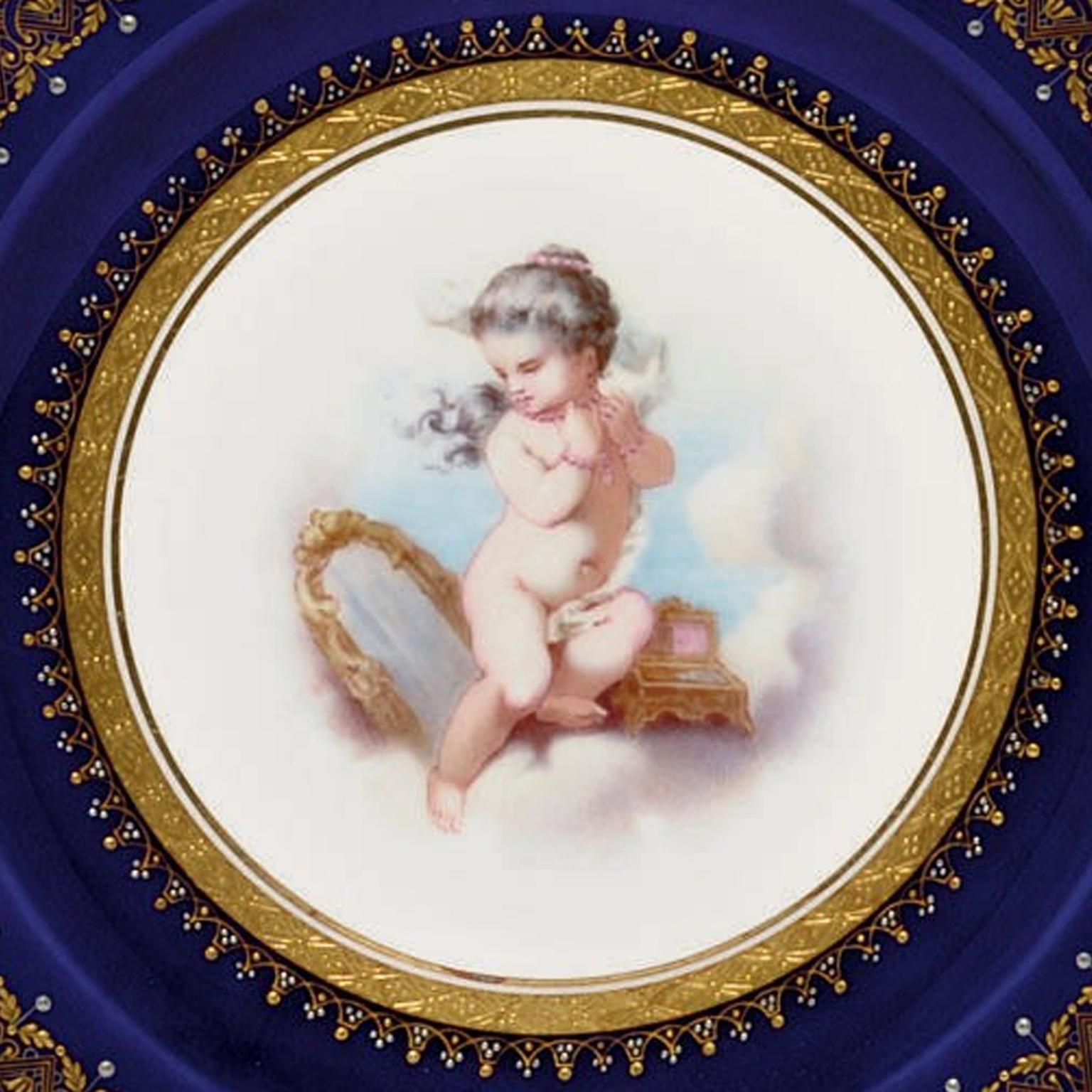 English Pair of Porcelain Plates Depicting Putto at Play by Minton, Dated 1881 For Sale