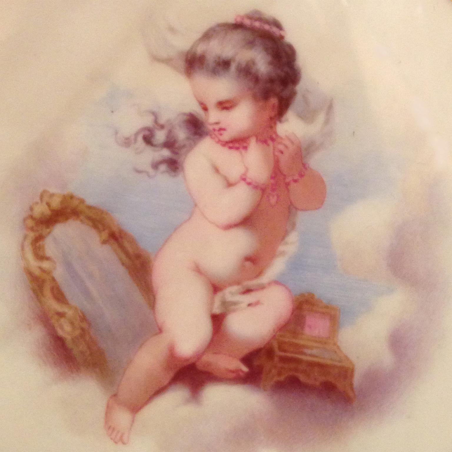 Painted Pair of Porcelain Plates Depicting Putto at Play by Minton, Dated 1881 For Sale